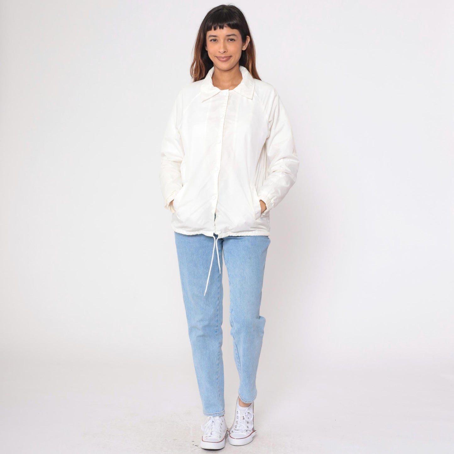 80s White Nylon Windbreaker Jacket Snap Raglan Sleeve Medium