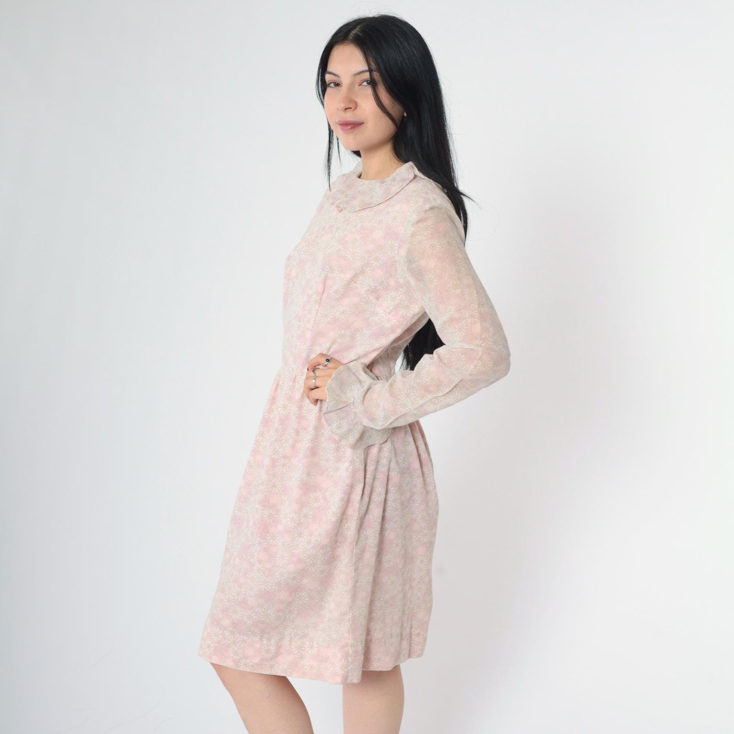 1960s Pink Floral Dress Sheer Bell Sleeve Ruffle Collar Knee Length Medium