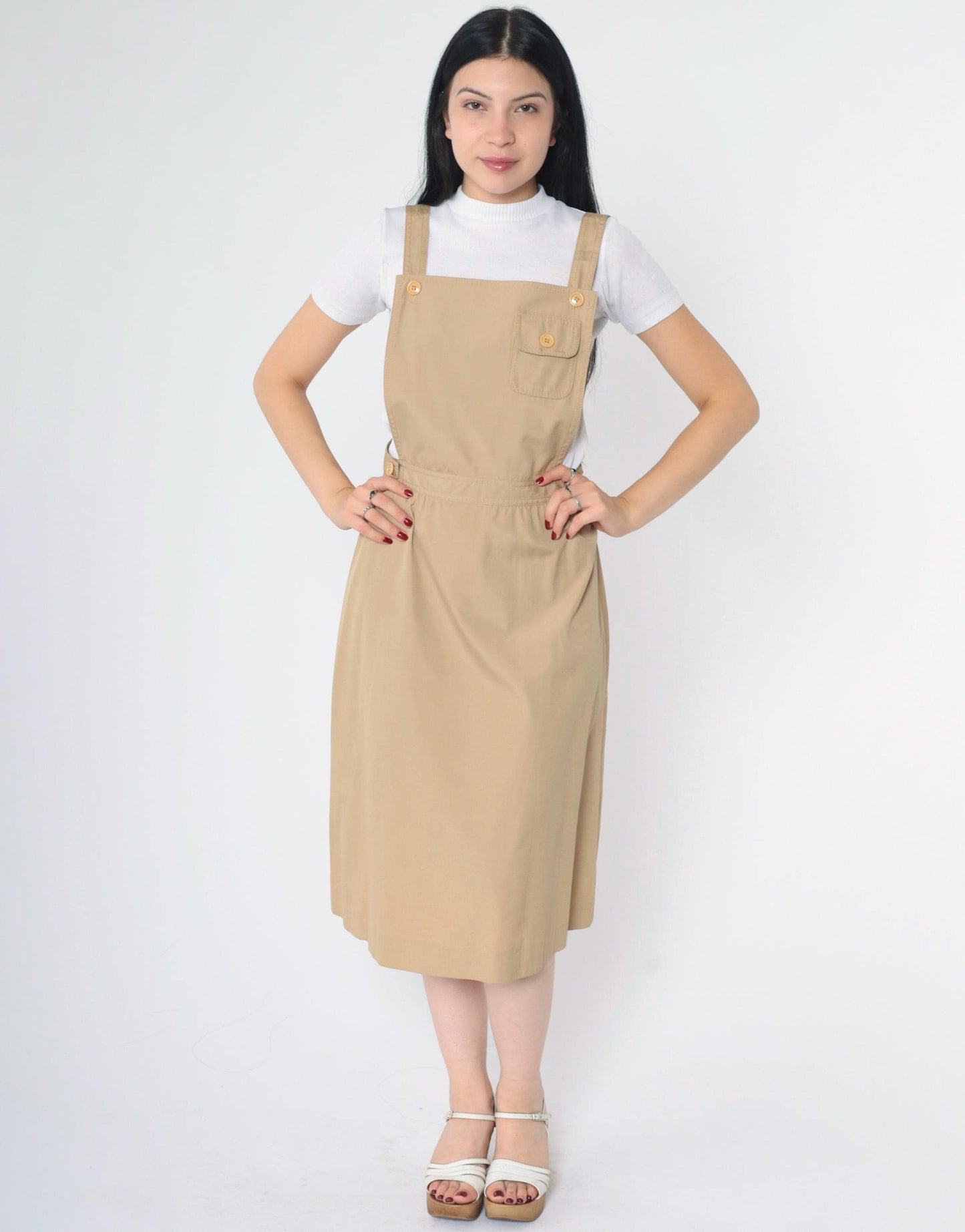 70s Khaki Midi Pinafore Dress High Waist Sleeveless Pockets Small