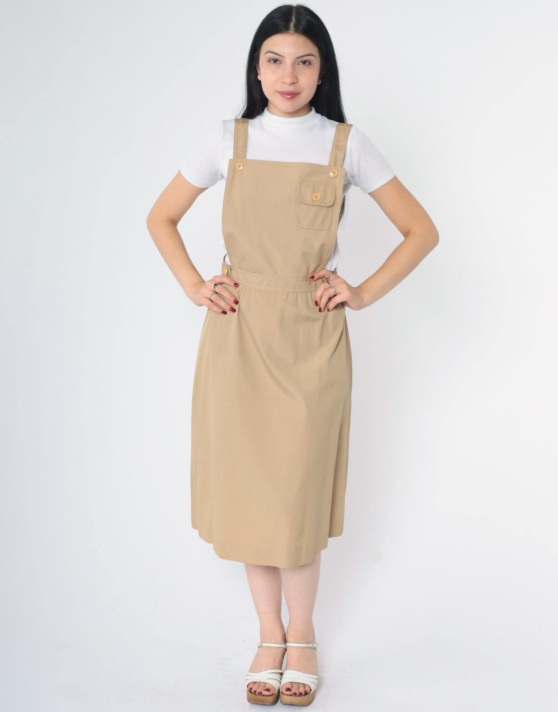 70s Khaki Midi Pinafore Dress High Waist Sleeveless Pockets Small