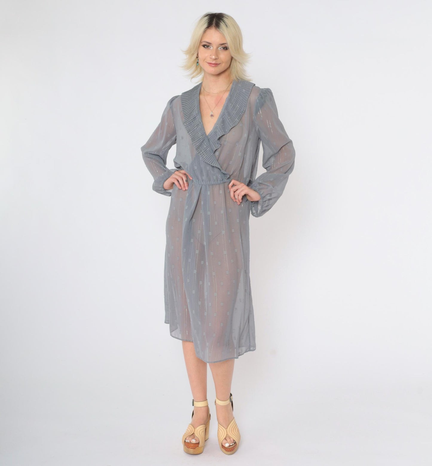 80s Donna Morgan Sheer Grid Midi Dress Grey Metallic Puff Sleeve Deep V Large