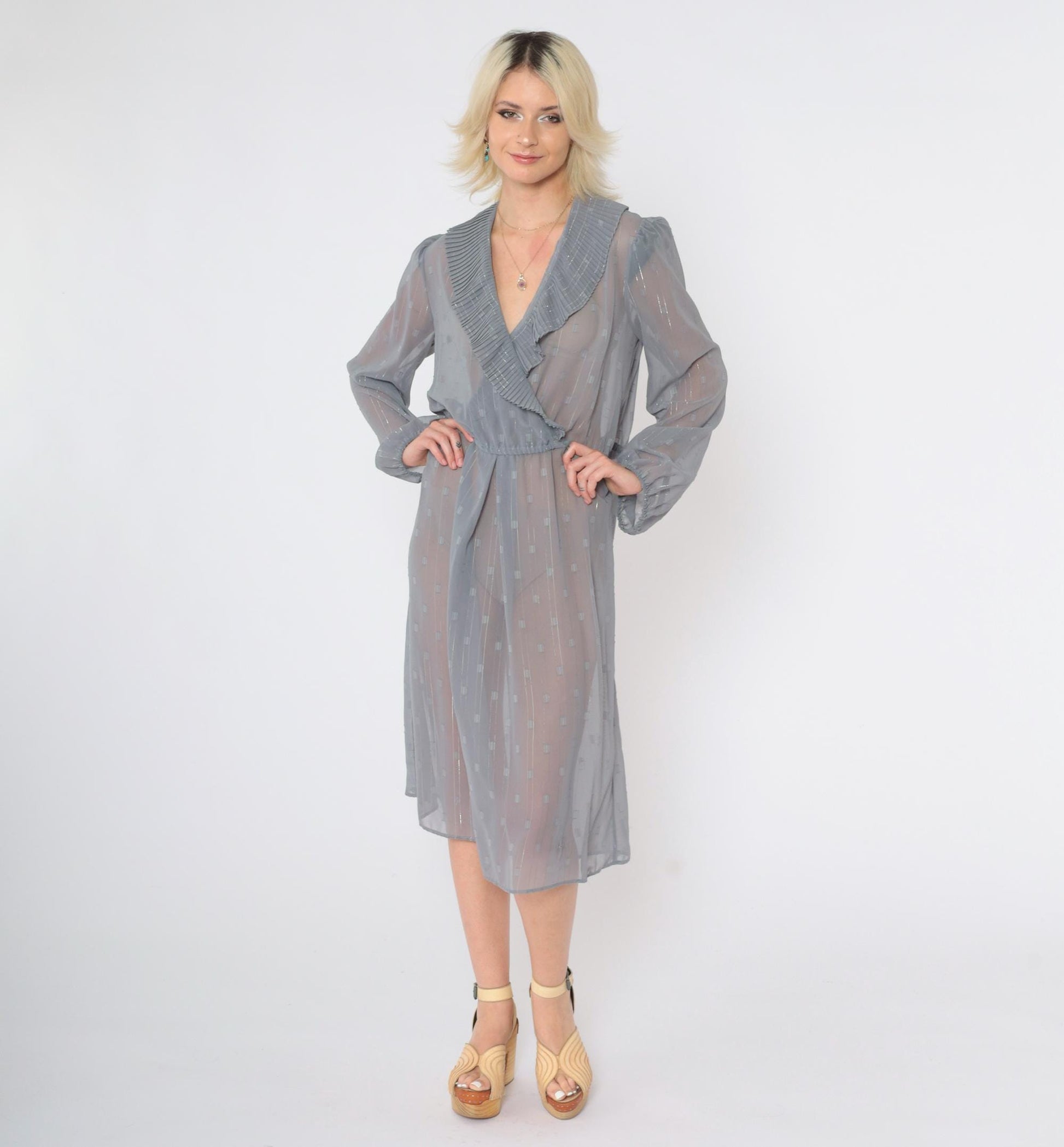 80s Donna Morgan Sheer Grid Midi Dress Grey Metallic Puff Sleeve Deep V Large
