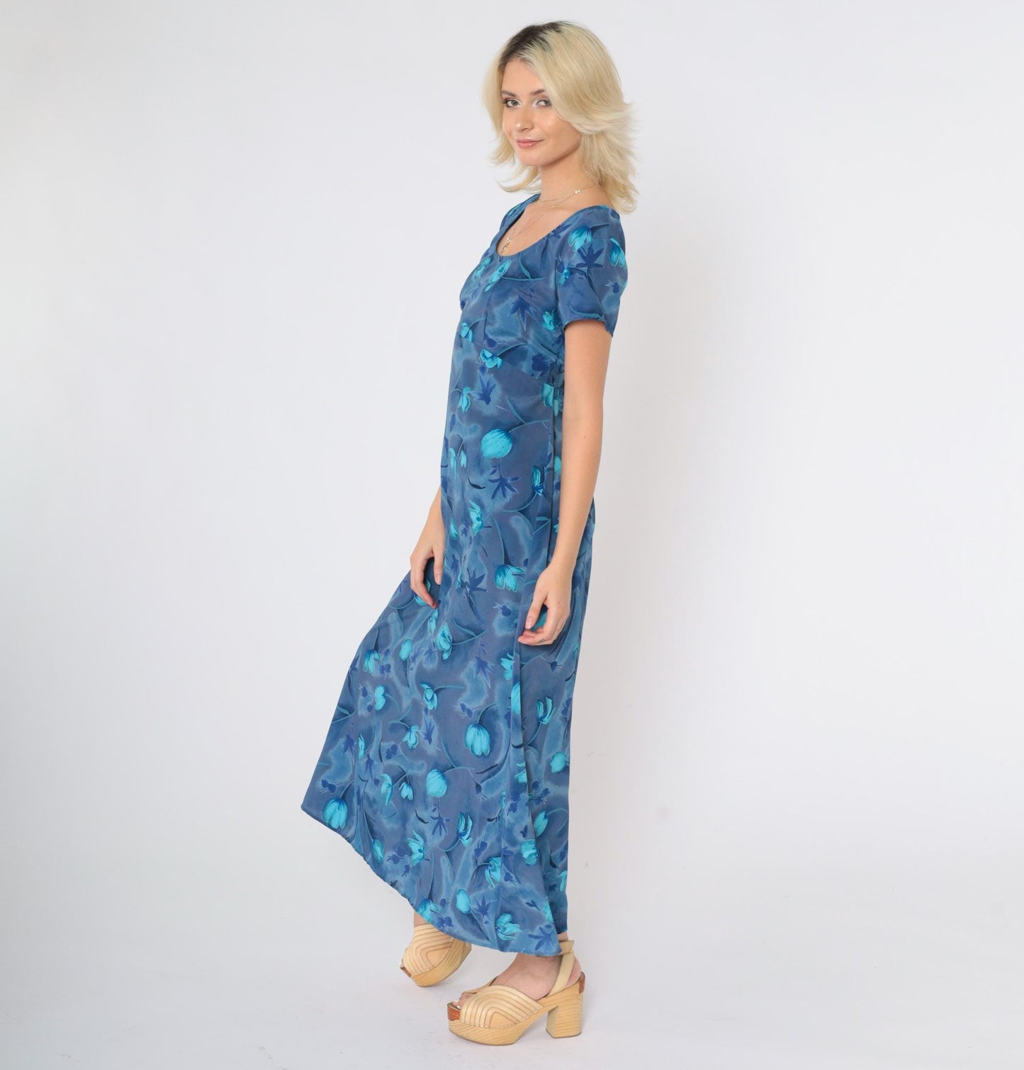 90s All That Jazz Blue Floral Empire Waist Maxi Dress Short Sleeve Medium