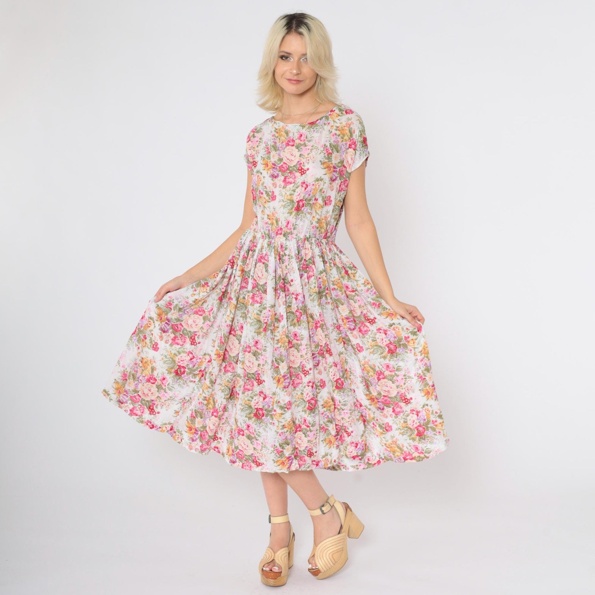 90s Bila Floral Midi Dress White Pink Yellow Green High Waist Medium M