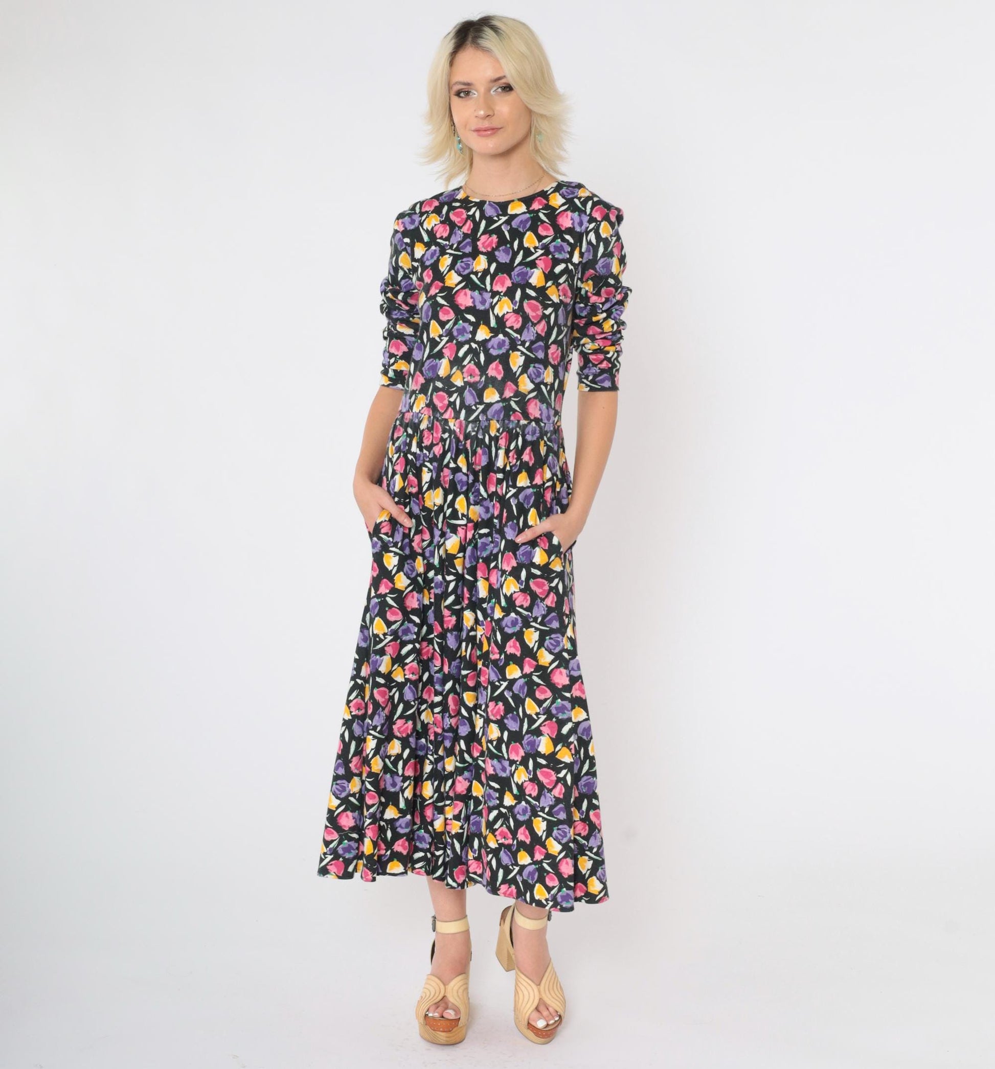 80s Black Floral Drop Waist Midi Dress Pink Yellow Purple 3/4 Sleeve Medium