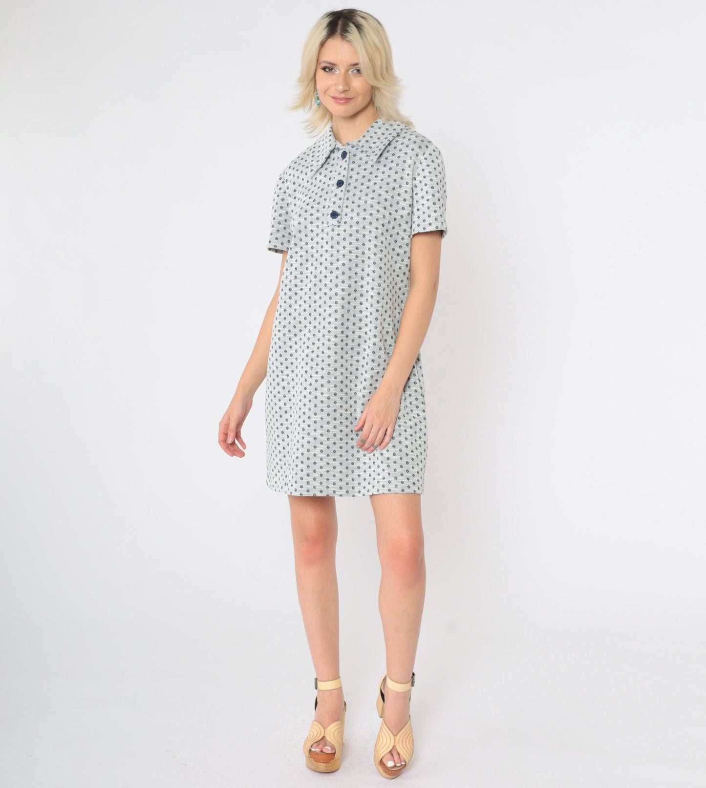 60s Mod Shift Dress Mini Geometric Dot Print Grey Button-Up Medium M