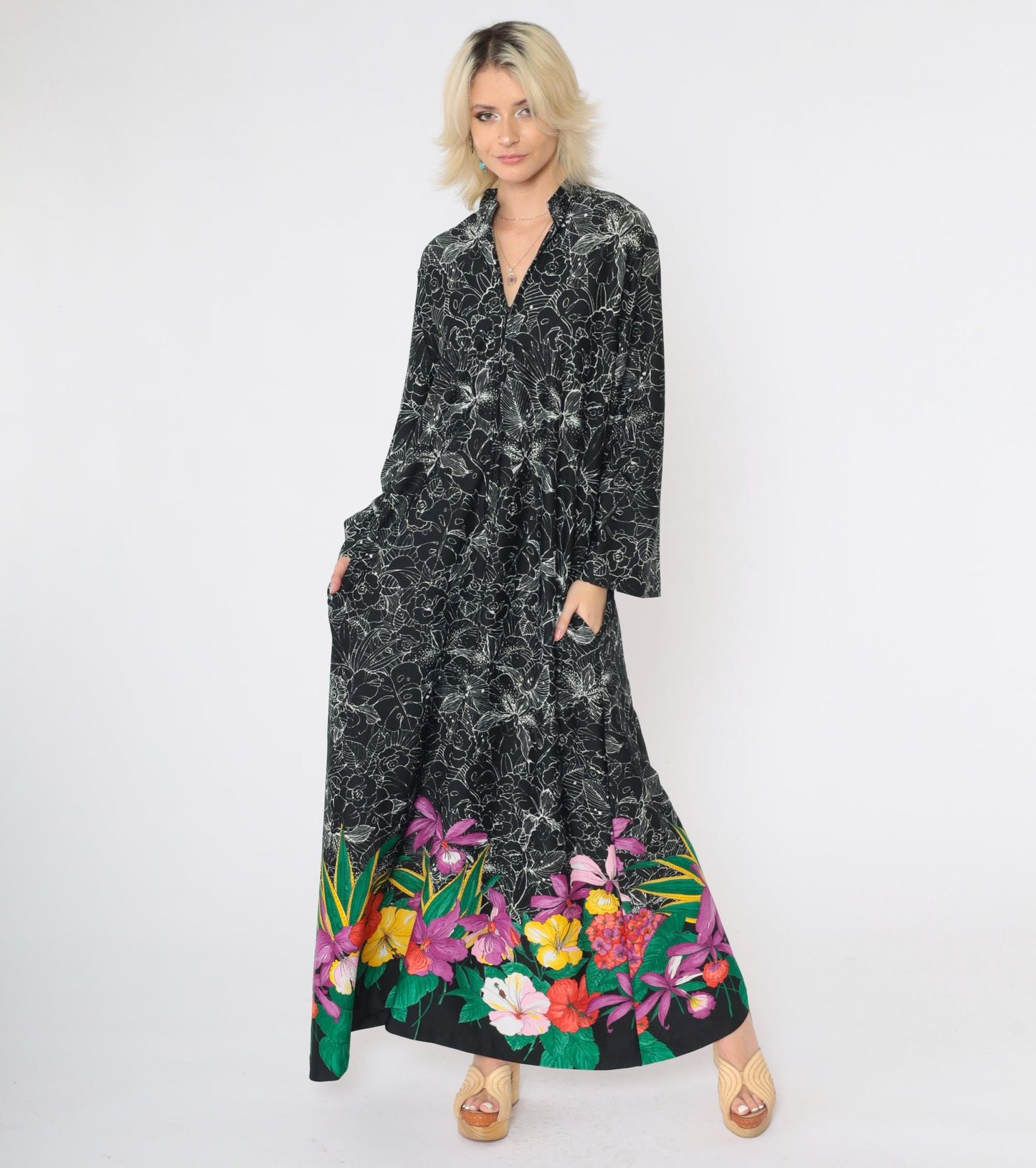 70s Black Floral Maxi Dress Hibiscus Print Front Zip Wide Sleeve Large L