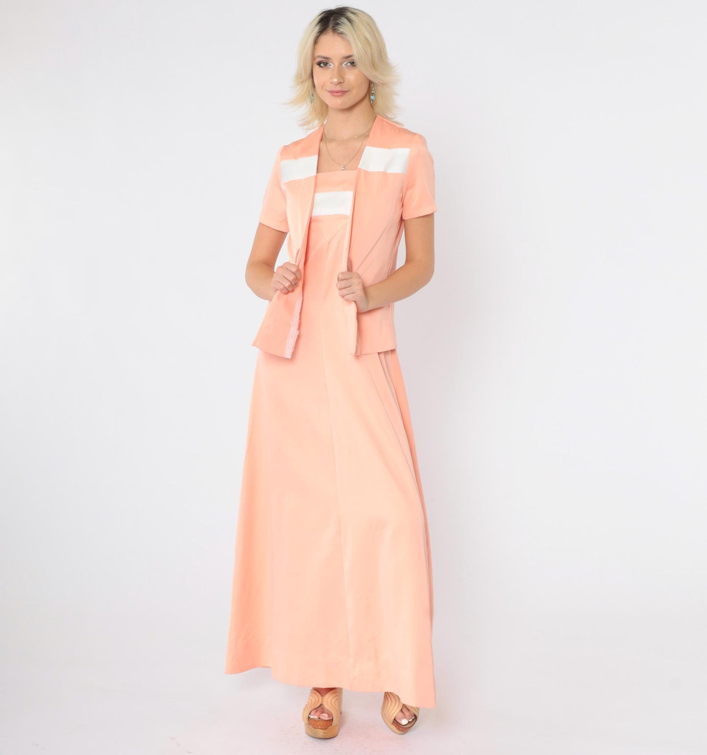 70s Peach Striped Empire Waist Maxi Dress & Jacket Set Extra Small