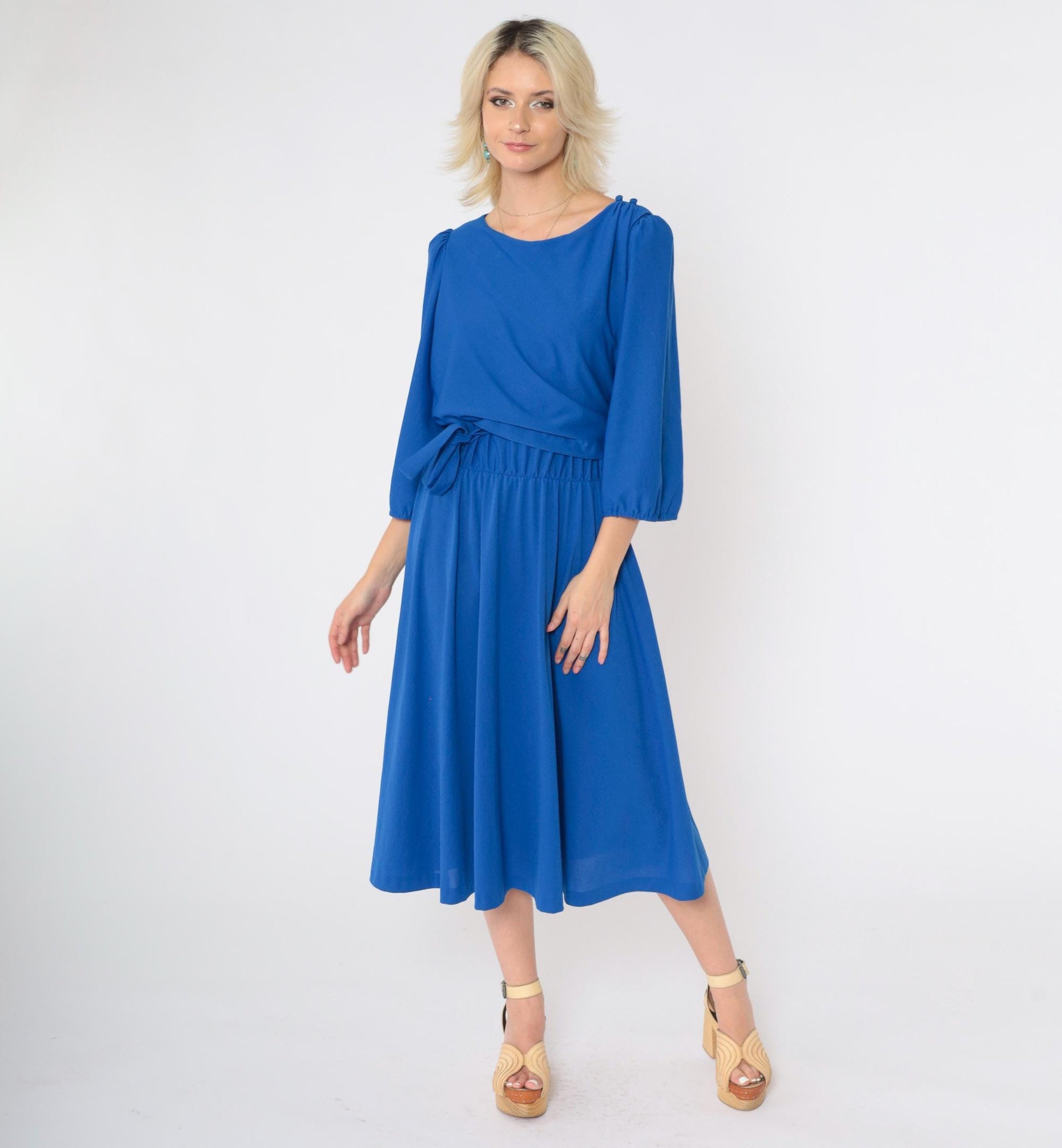 80s Royal Blue Midi Dress Puff Sleeve Wrap Panel Elastic Waist Large L