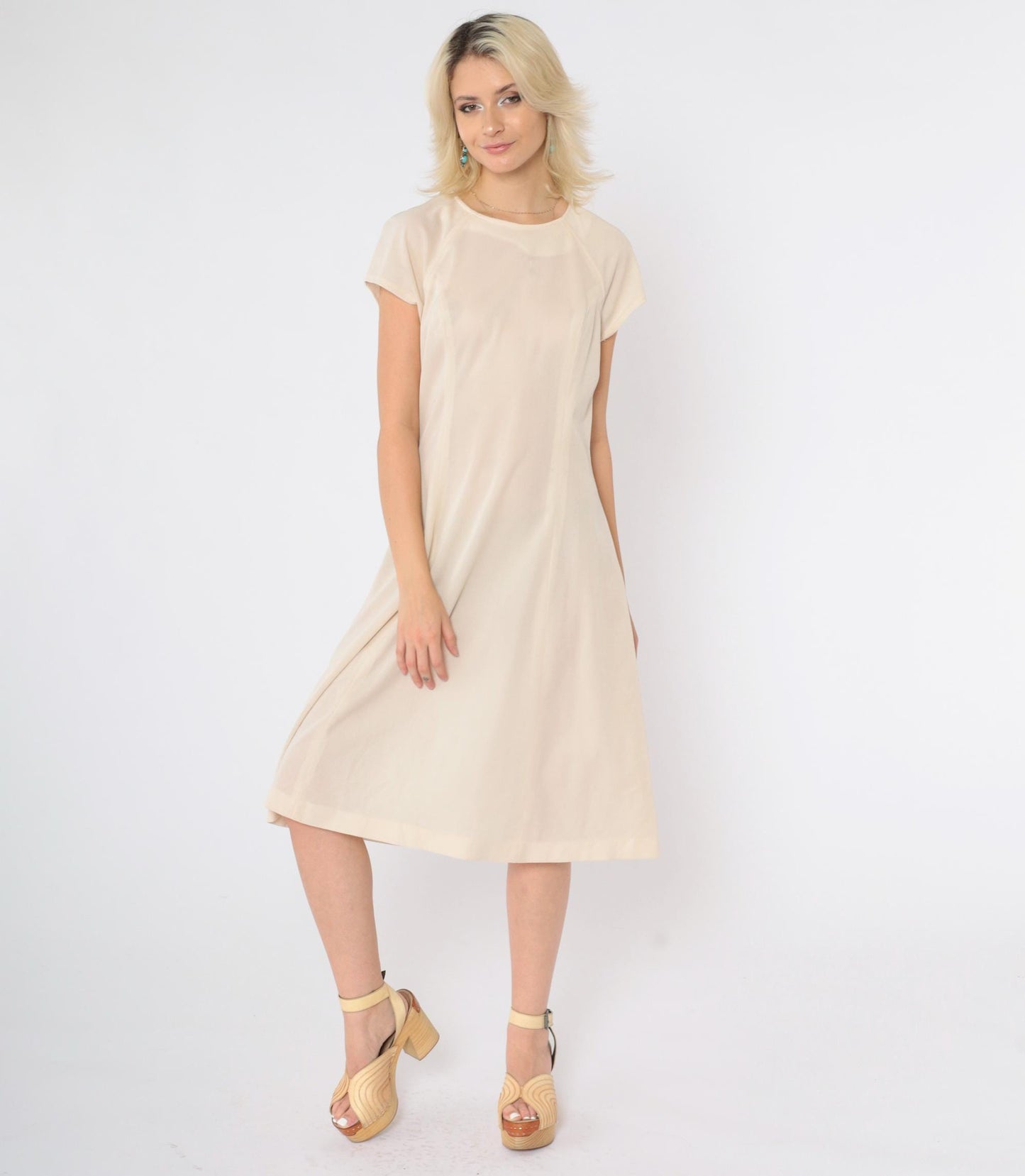 60s Mod Shift Dress Cream Semi-Sheer Raglan Midi Small Medium