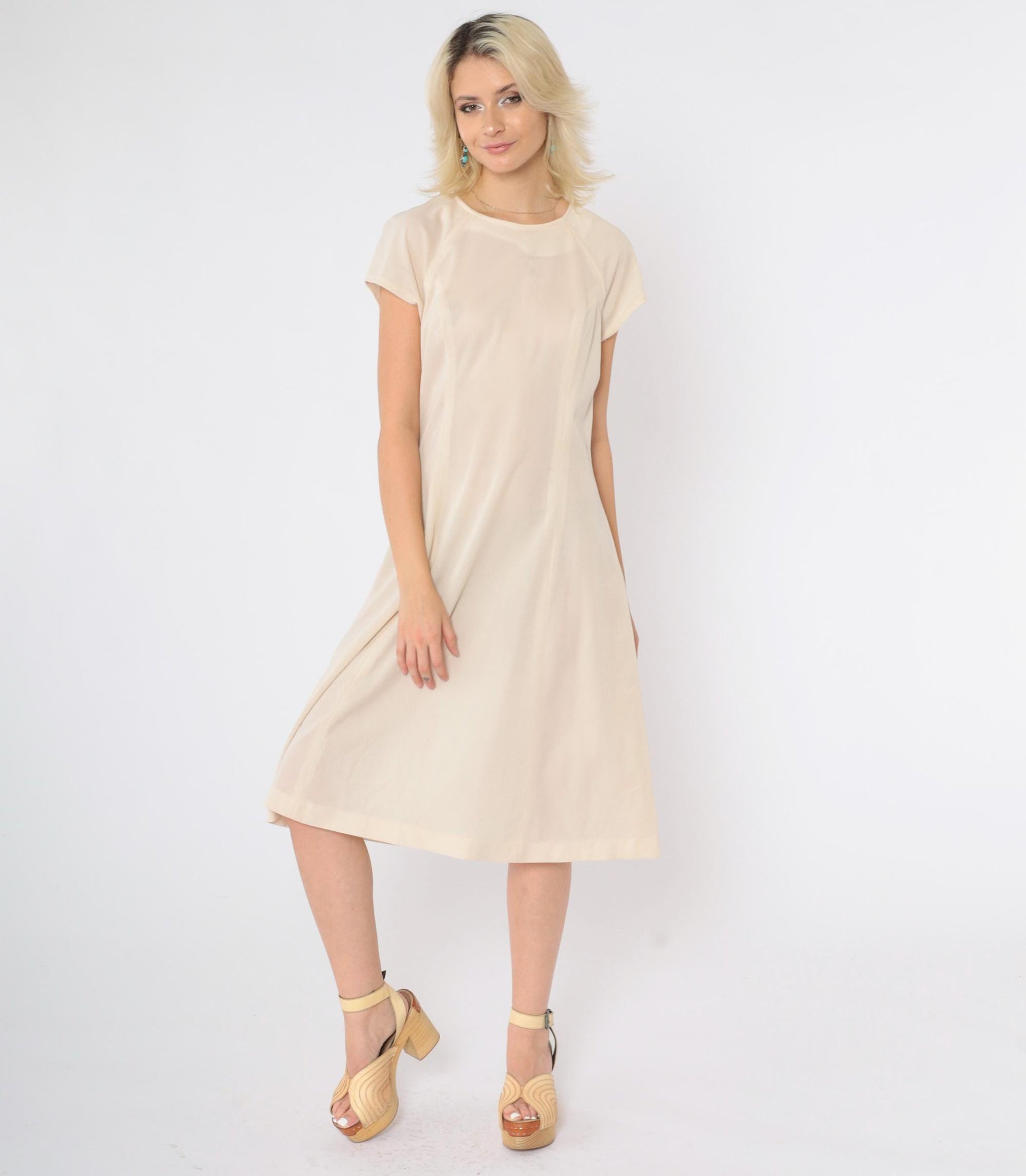 60s Mod Shift Dress Cream Semi-Sheer Raglan Midi Small Medium