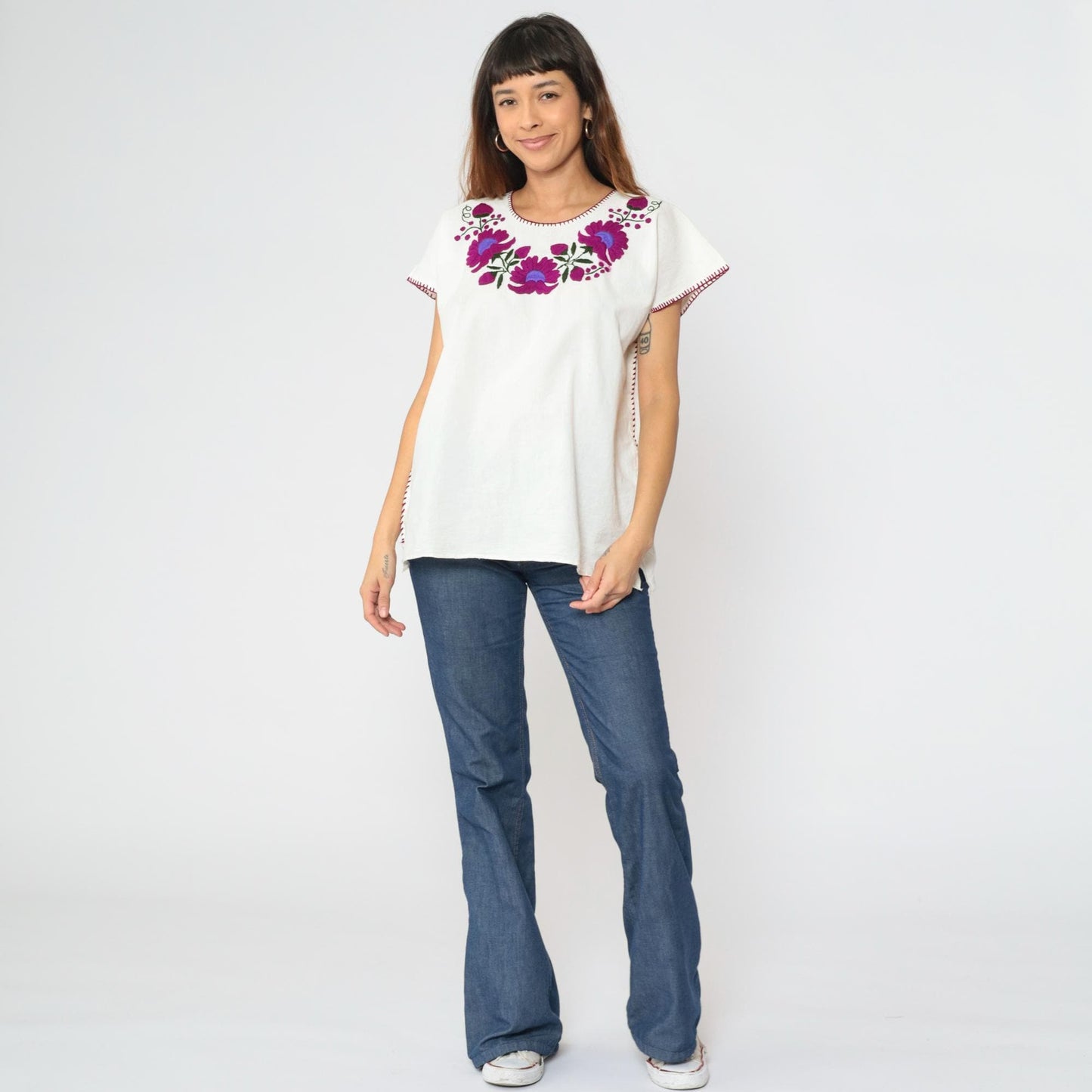90s Mexican Embroidered Tunic Blouse White Purple Floral Large
