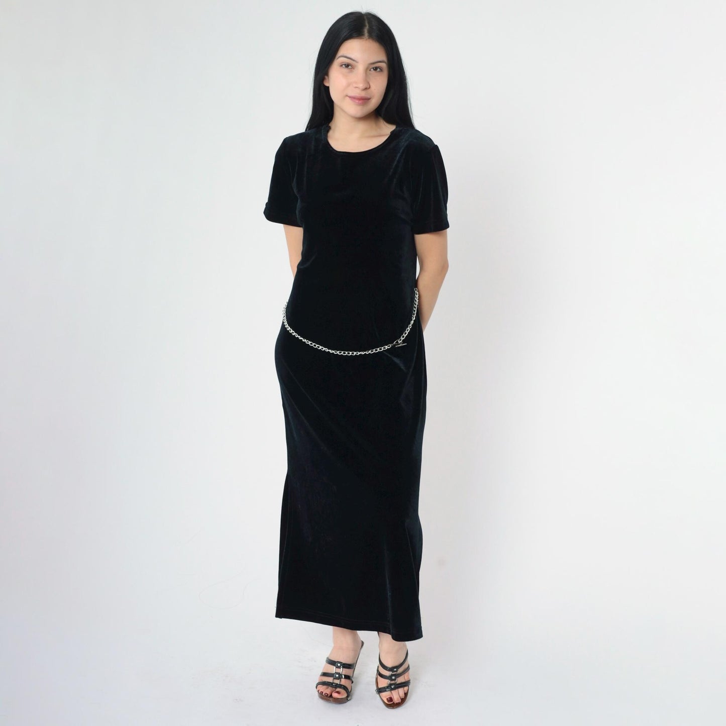 90s Ronni Nicole Black Velvet Midi Dress Chain Belt Side Slit Medium Petite