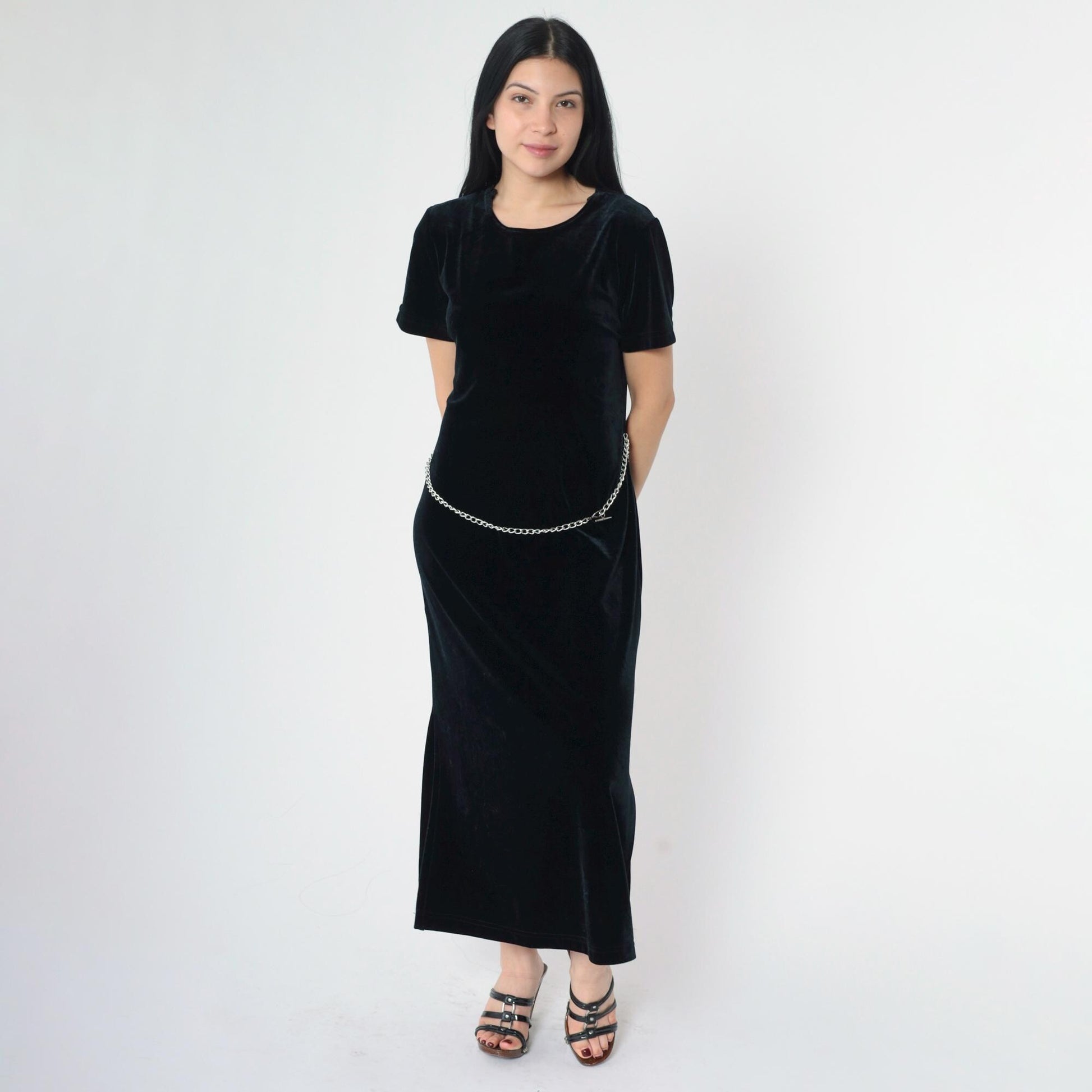 90s Ronni Nicole Black Velvet Midi Dress Chain Belt Side Slit Medium Petite