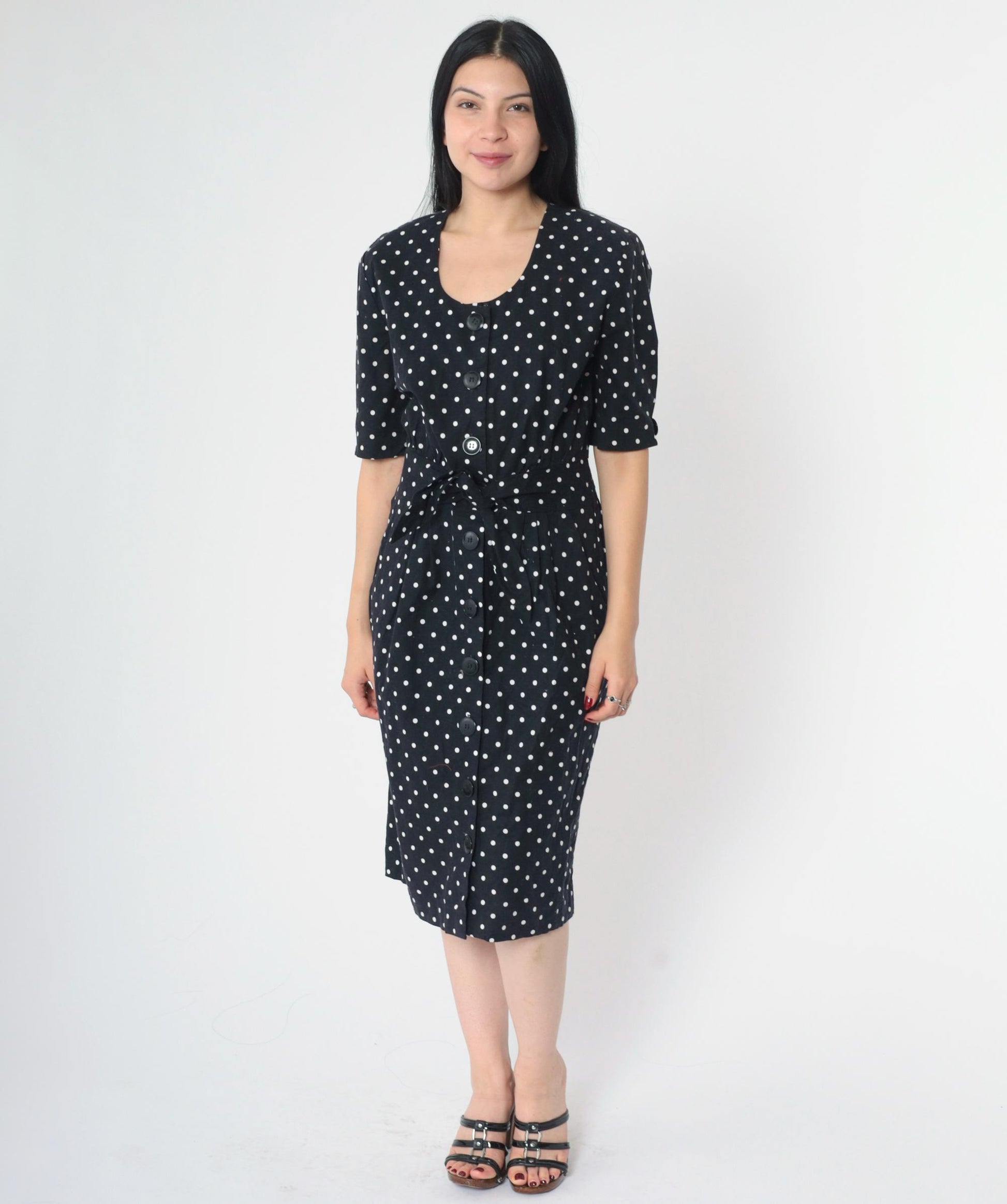 90s Black Polka Dot Midi Dress Button-Up Cotton High Waist Medium