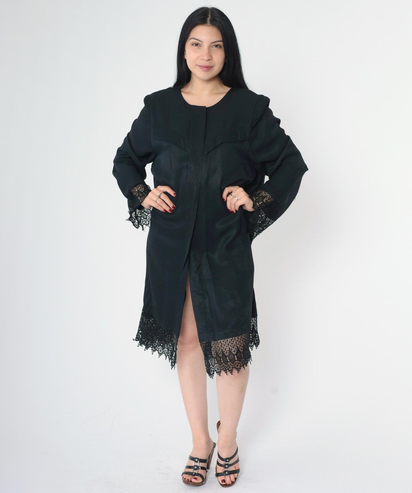 90s Black Lace Trim Button-Up Midi Dress Western Yoke Long Sleeve Extra Large XXL
