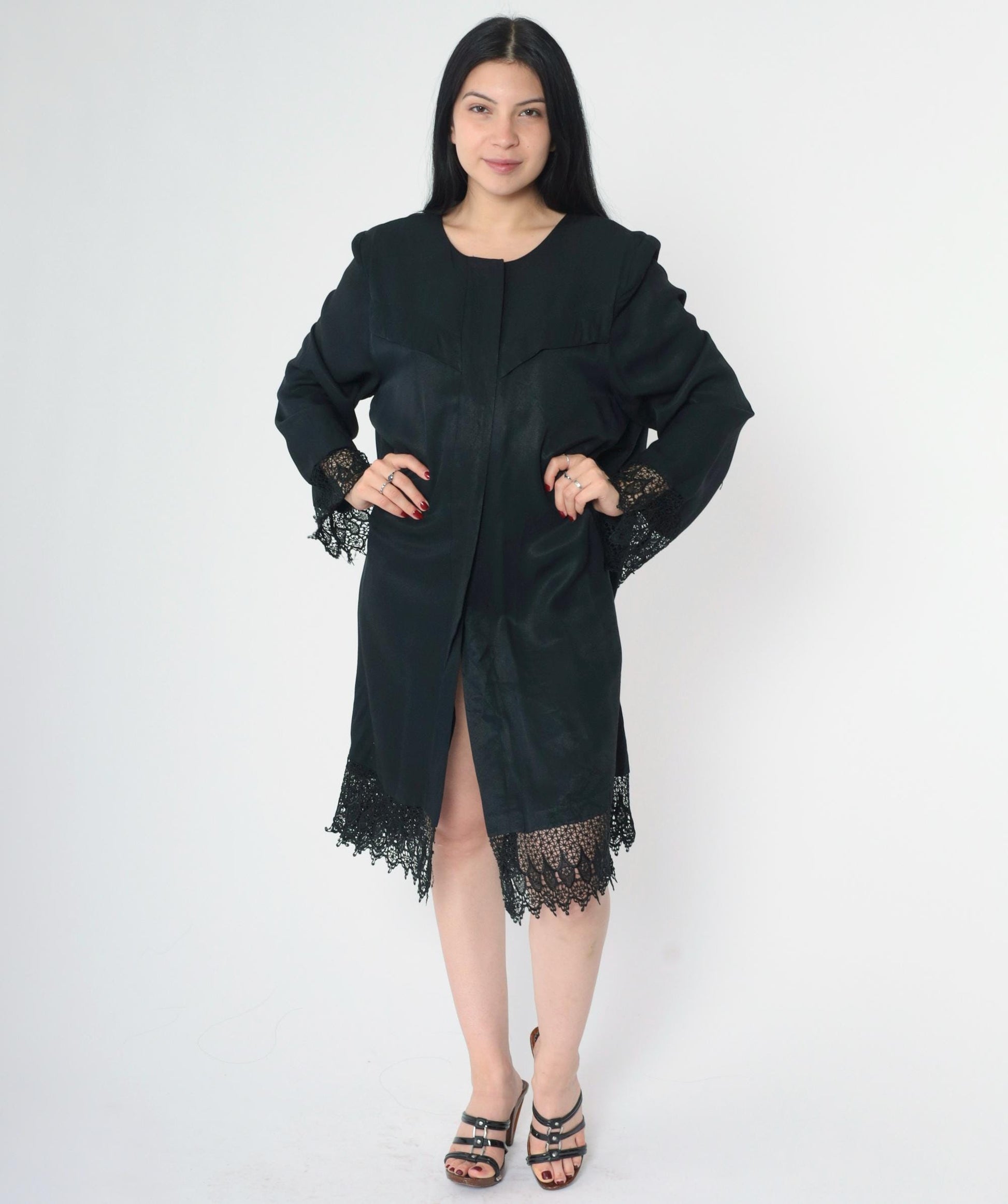 90s Black Lace Trim Button-Up Midi Dress Western Yoke Long Sleeve Extra Large XXL