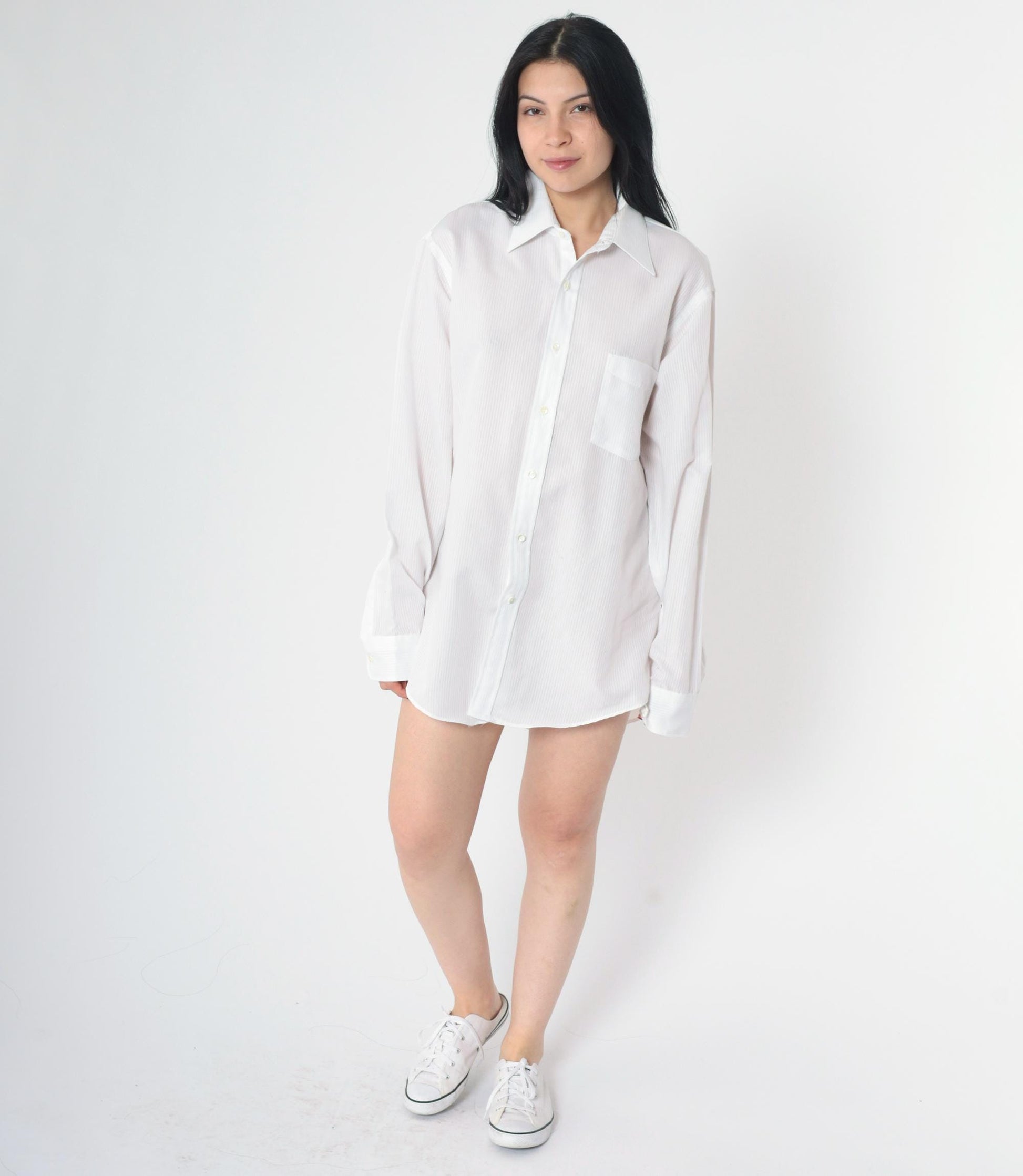 80s Luxurata White Striped Button-Up Shirt Long Sleeve Sheer Large L