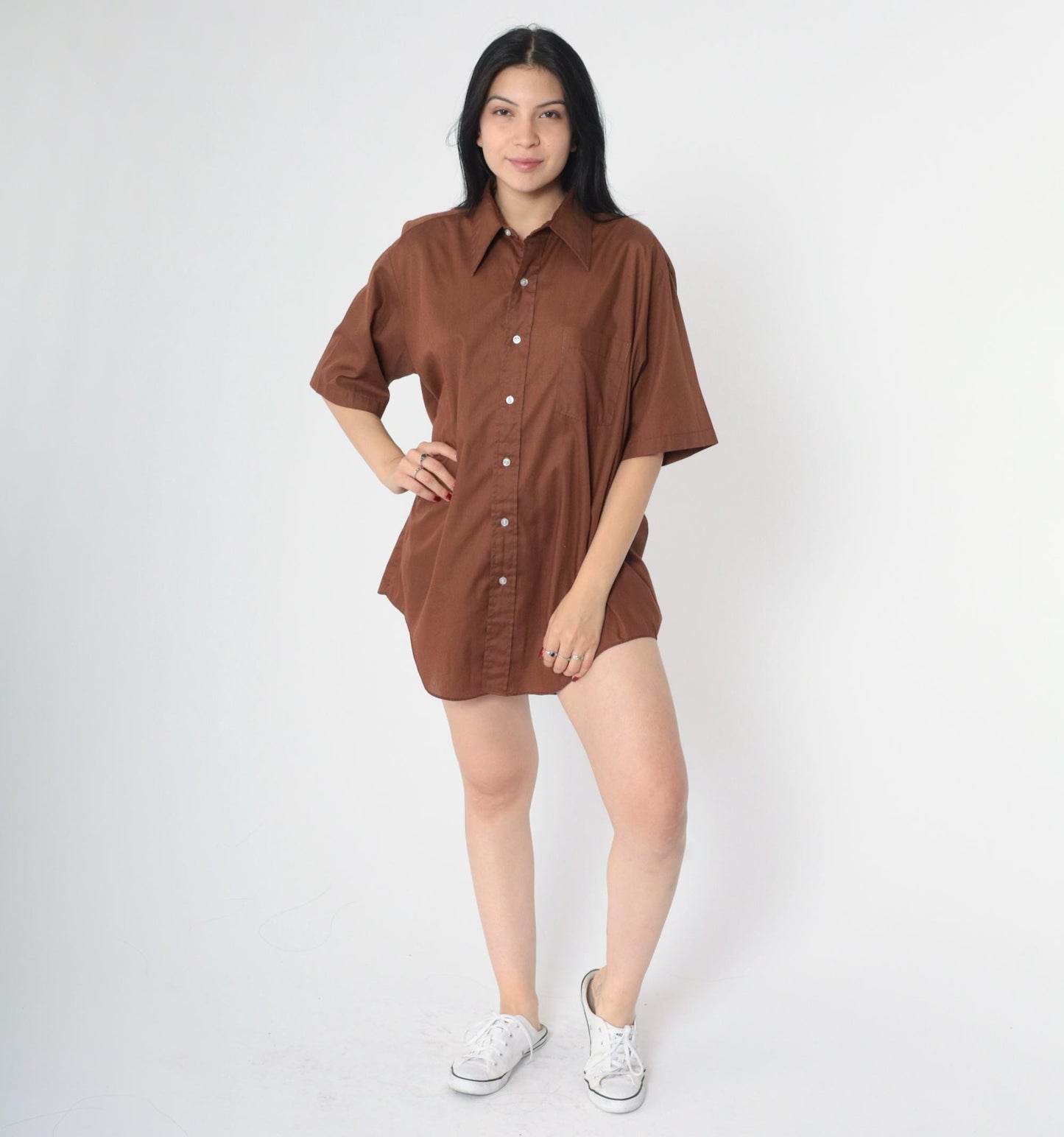 70s Brown Cotton Button-Up Shirt Short Sleeve Collared Men's Large