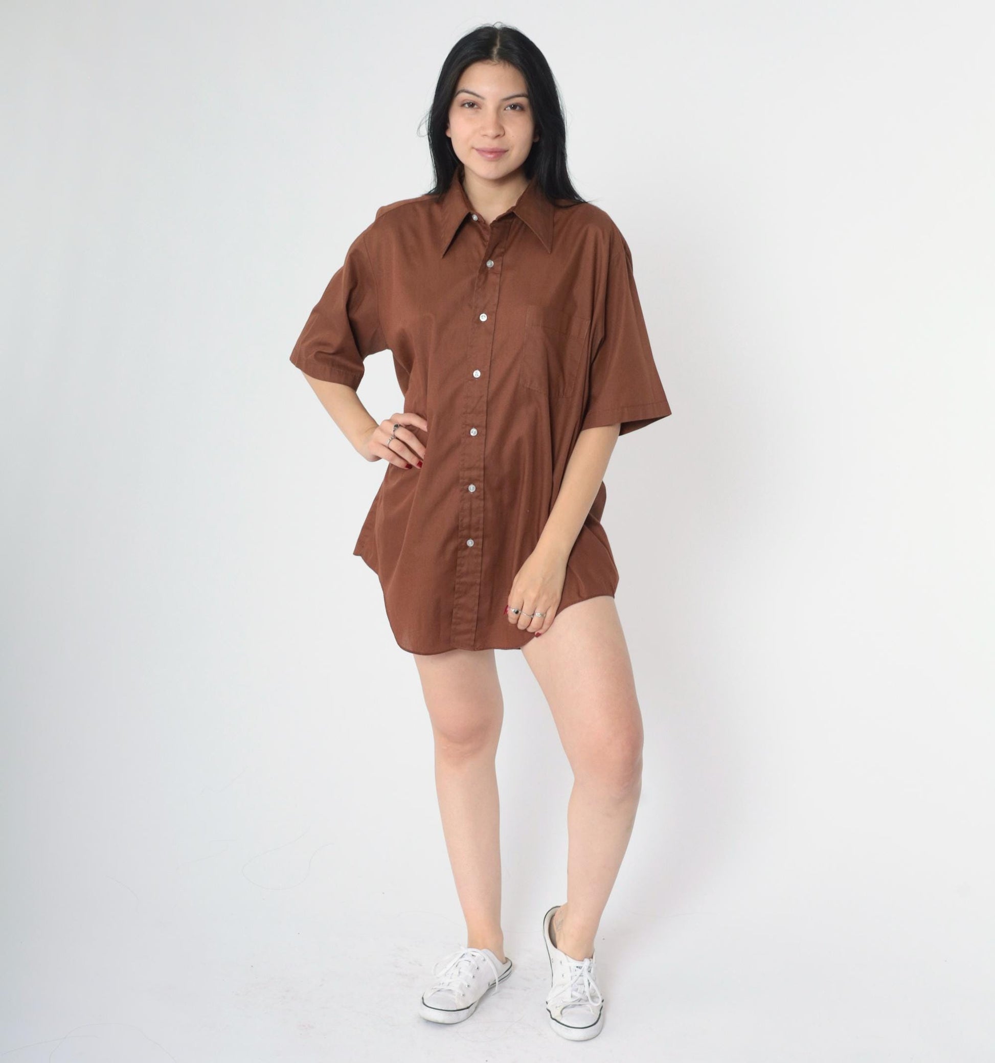 70s Brown Cotton Button-Up Shirt Short Sleeve Collared Men's Large