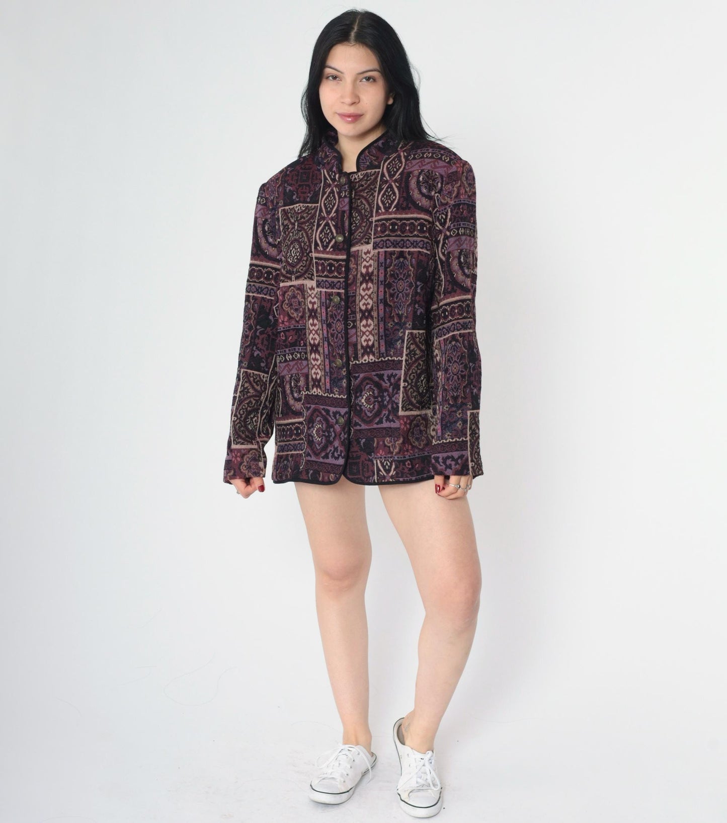 90s Tapestry Jacket Purple Patchwork Geometric Floral Mandarin Collar Medium M