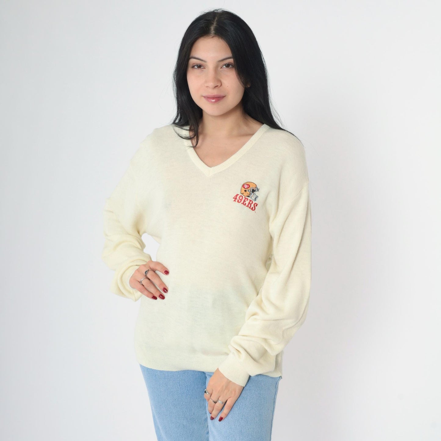 80s San Francisco 49ers Logo 7 NFL Sweater Cream V-Neck Large