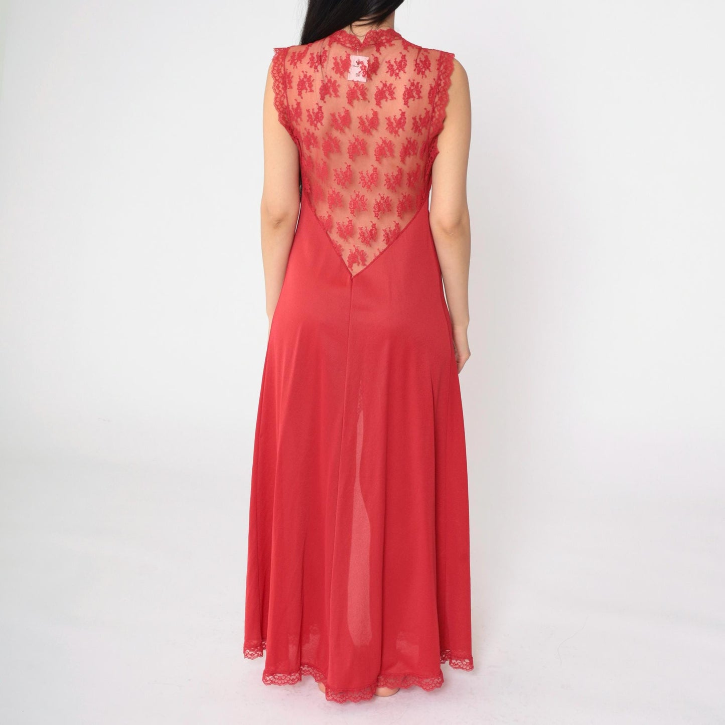 80s Gossard Artemis Red Lace Nightgown Maxi Deep V Open Back Medium