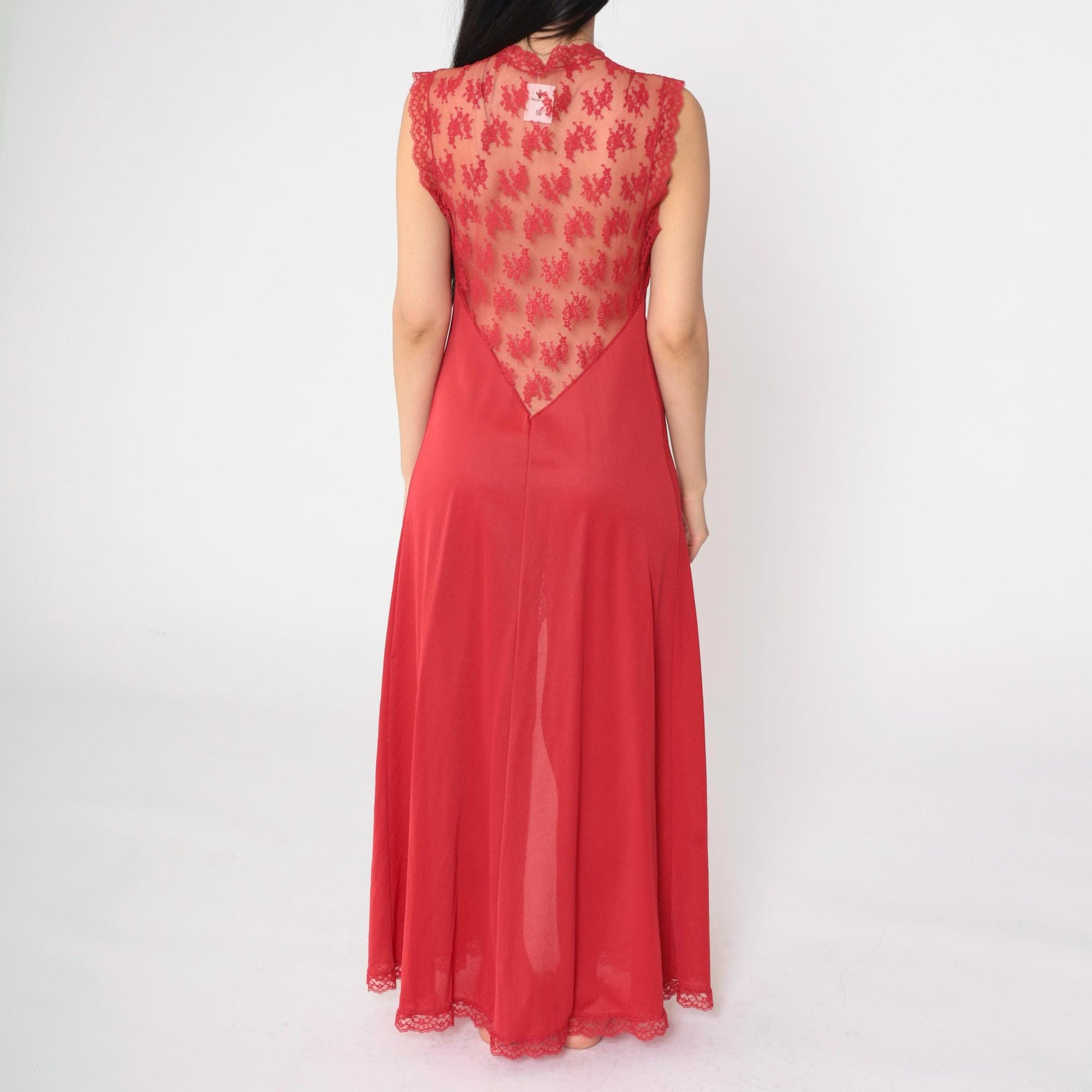 80s Gossard Artemis Red Lace Nightgown Maxi Deep V Open Back Medium
