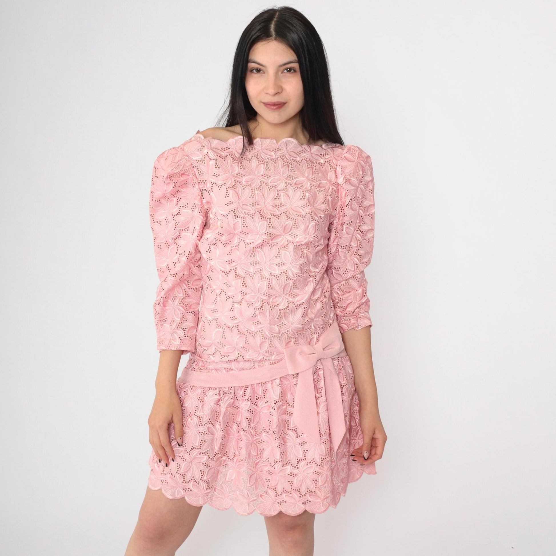 80s Baby Pink Lace Mini Dress Puff Sleeve Drop Waist Bow Extra Small