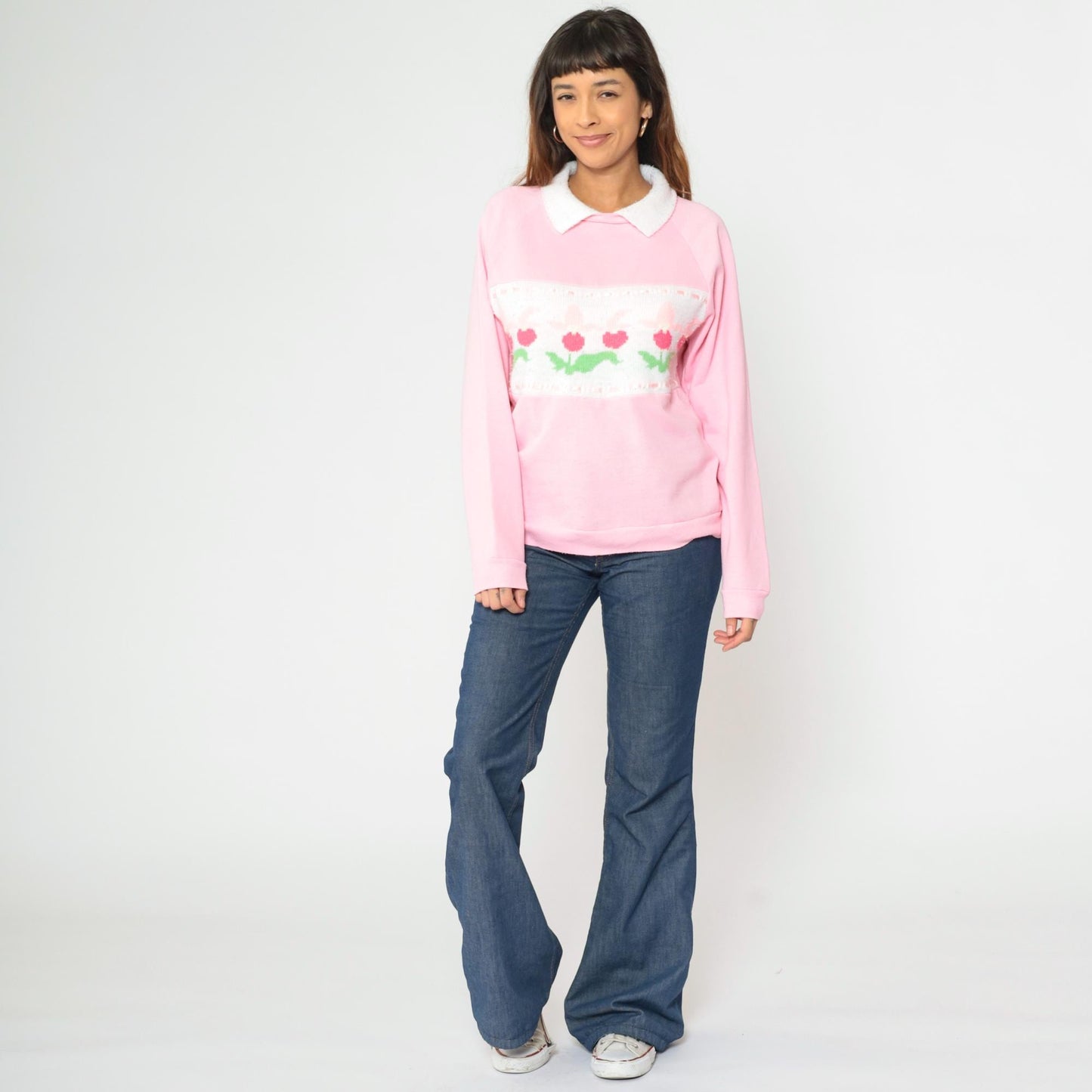 90s Pink Floral Knit Sweatshirt White Collar Raglan Pullover Medium
