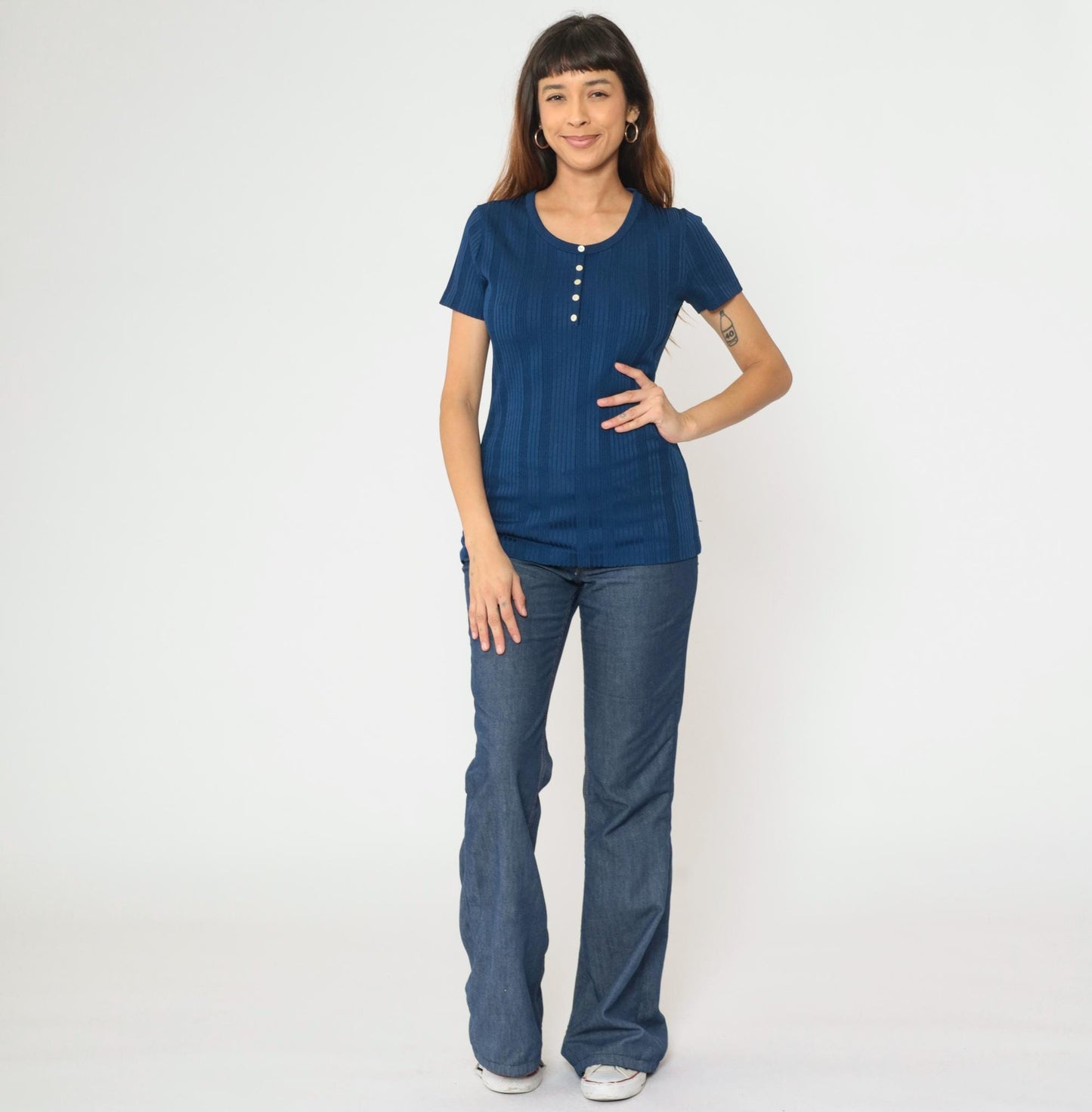 70s Navy Ribbed Polyester Baby Tee Scoop Neck Button Front Medium