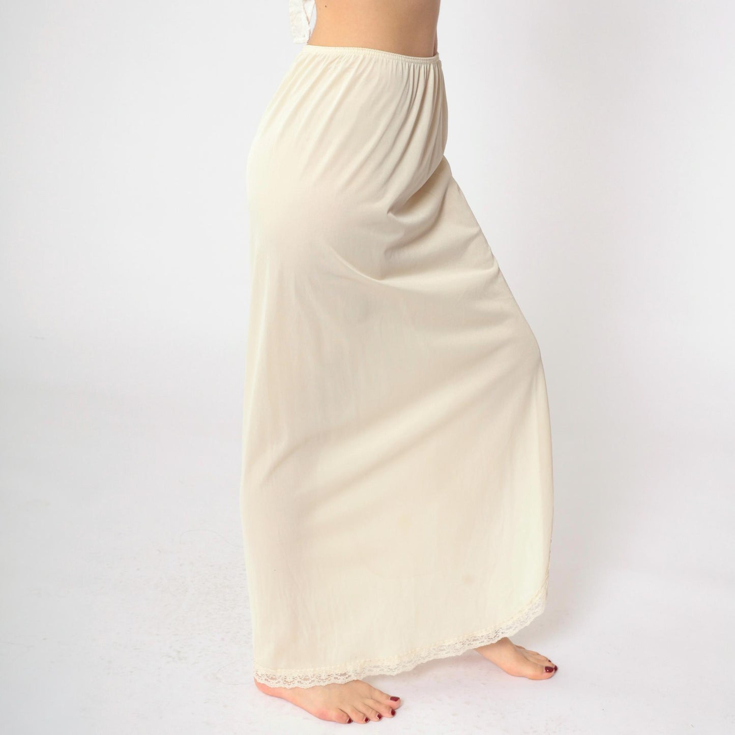 80s Cream Nylon Maxi Slip Skirt Lace Trim Side Slit Small S