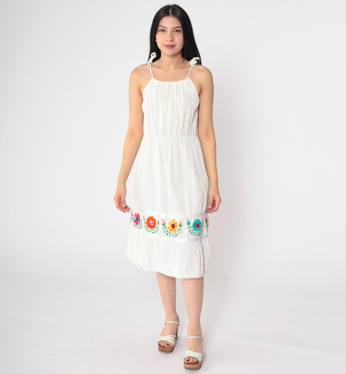 80s Mexican Floral Embroidered White Midi Dress Spaghetti Strap Medium