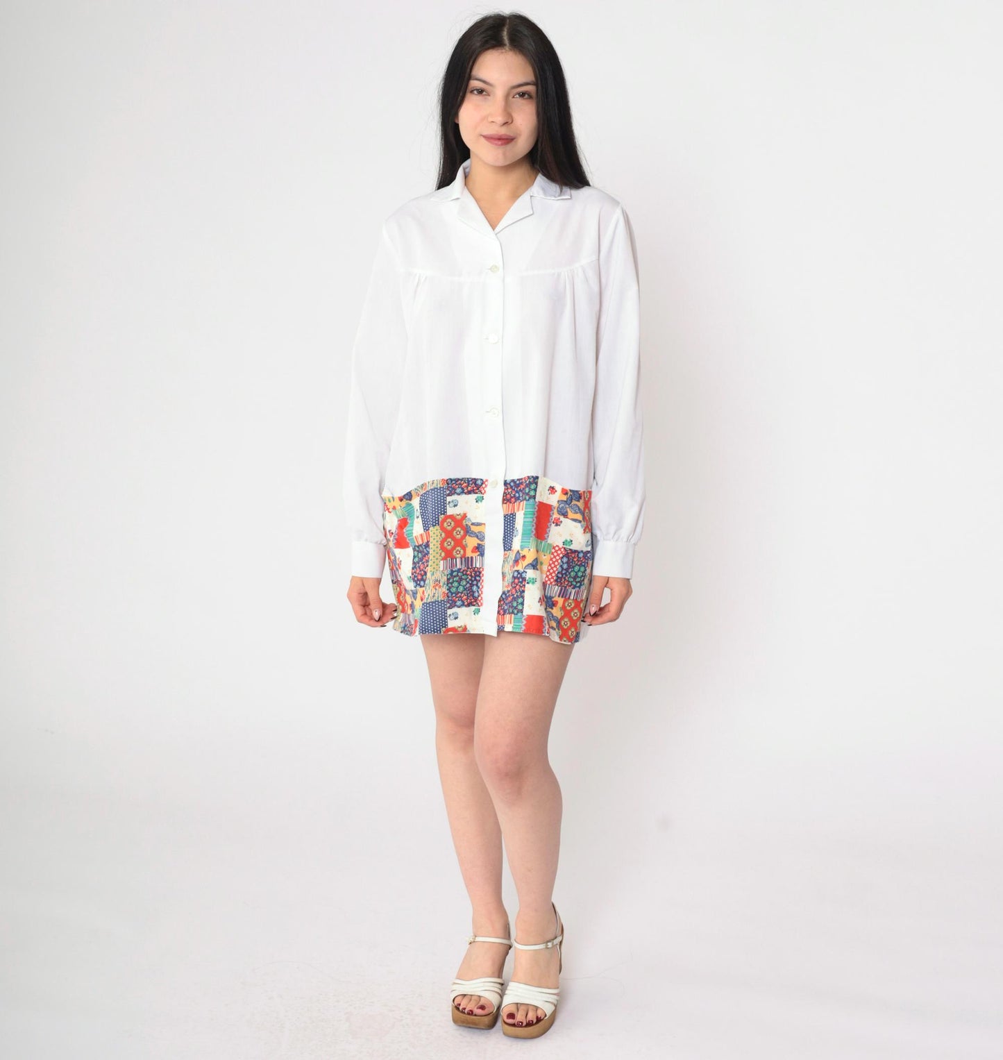 70s White Patchwork Strawberry Floral Button-Up Blouse Long Sleeve Extra Large