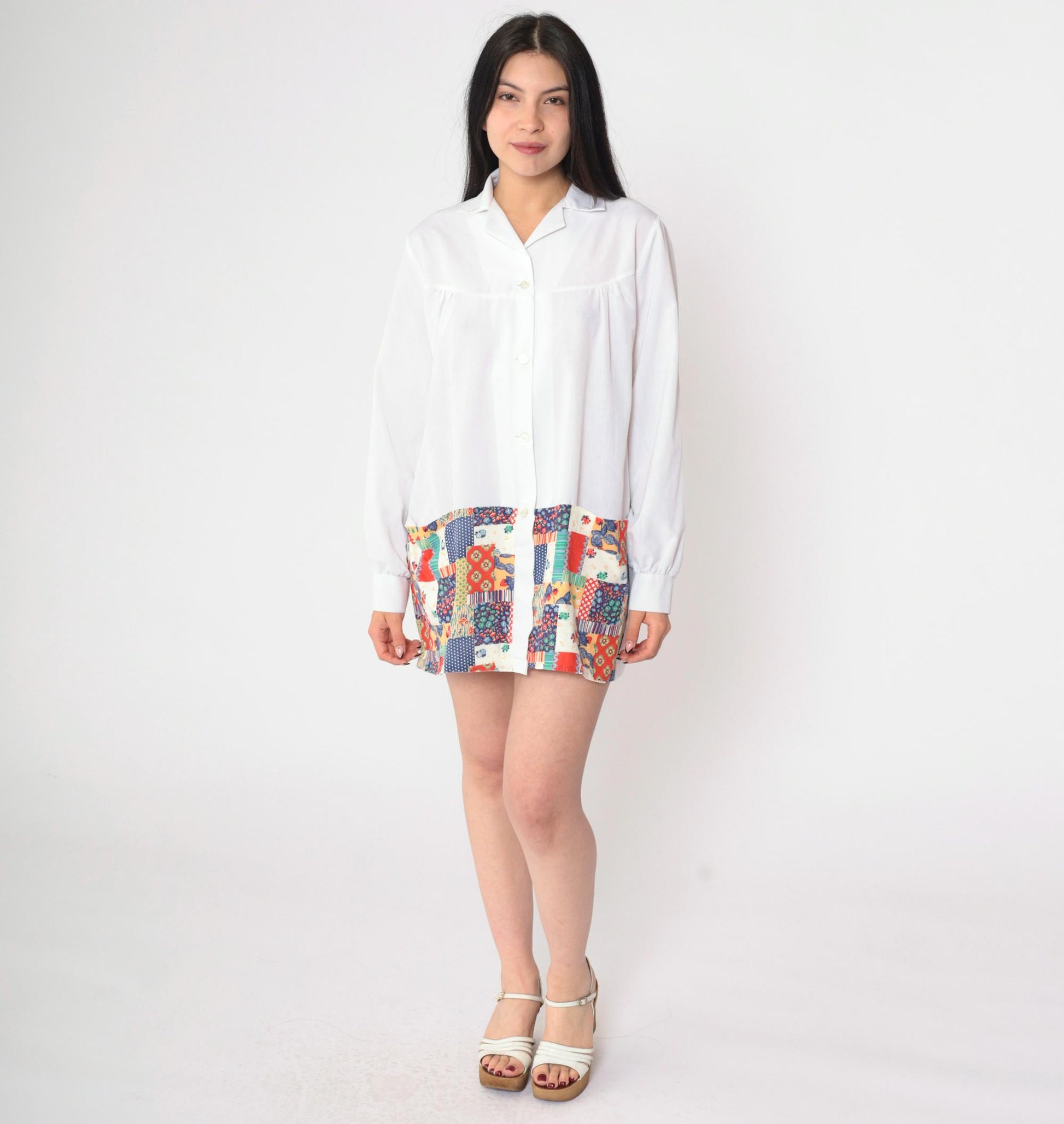 70s White Patchwork Strawberry Floral Button-Up Blouse Long Sleeve Extra Large