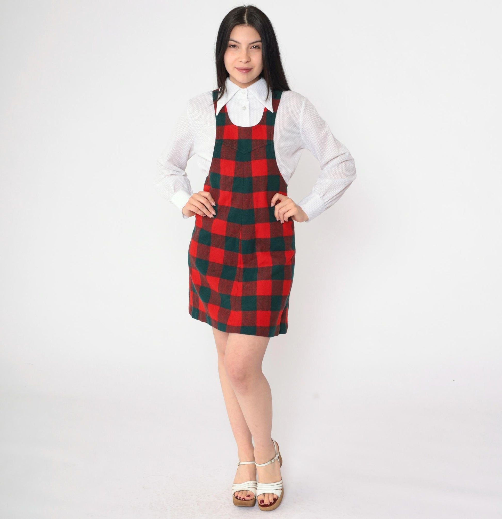 70s Plaid Jumper Dress Red Green Checkered Mini Sleeveless Extra Small