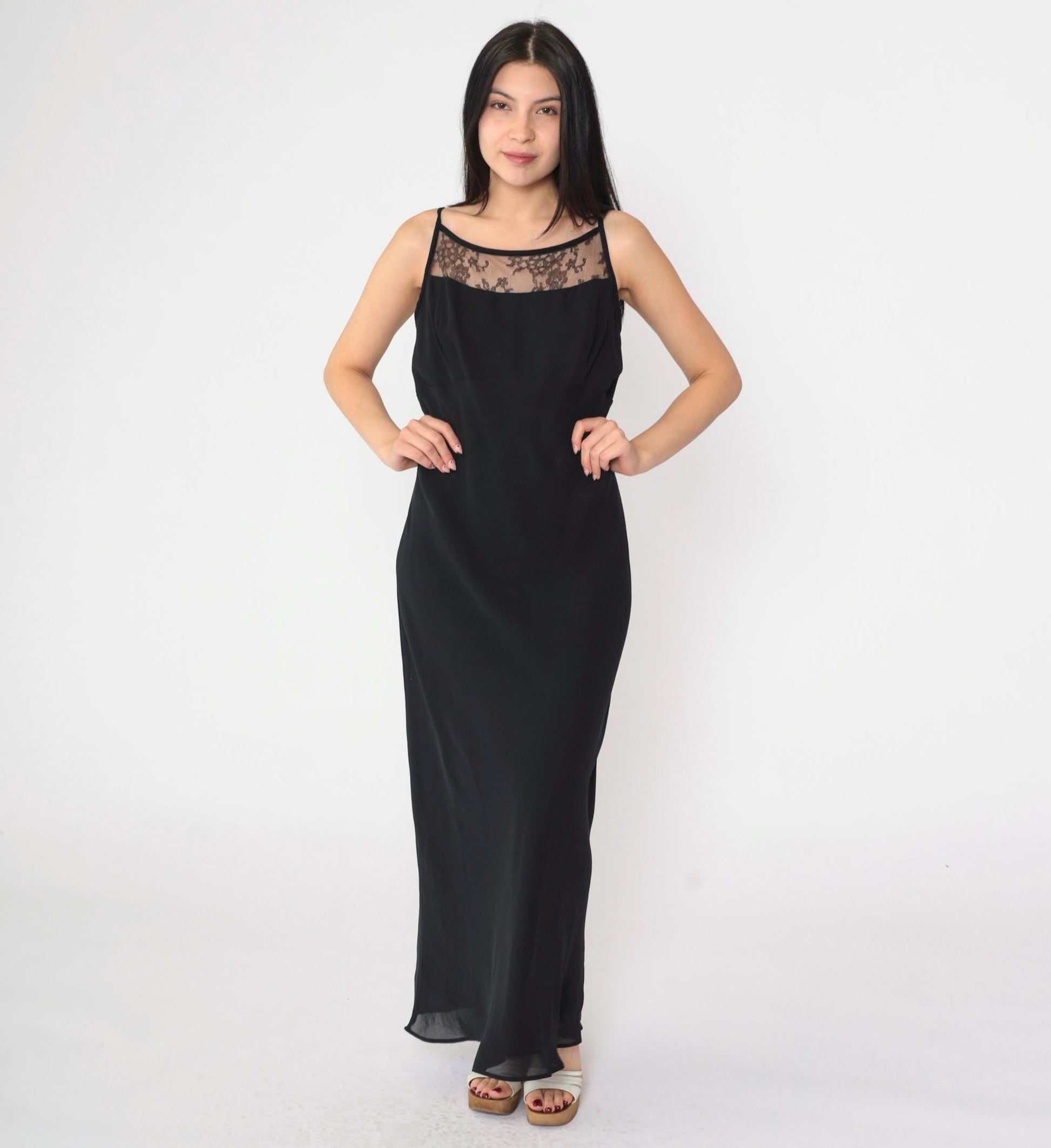 90s Jessica McClintock Gunne Sax Black Maxi Dress Spaghetti Strap Low Back Medium