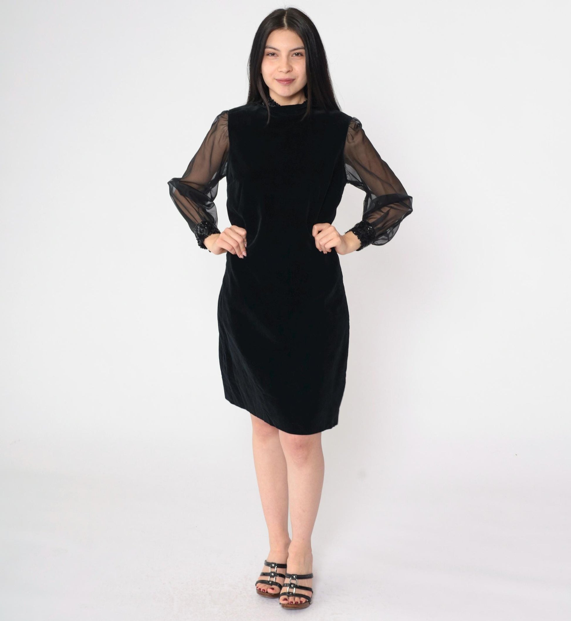 60s Bobbie Brooks Black Velvet Mini Dress Sequin Chiffon Sleeve Small
