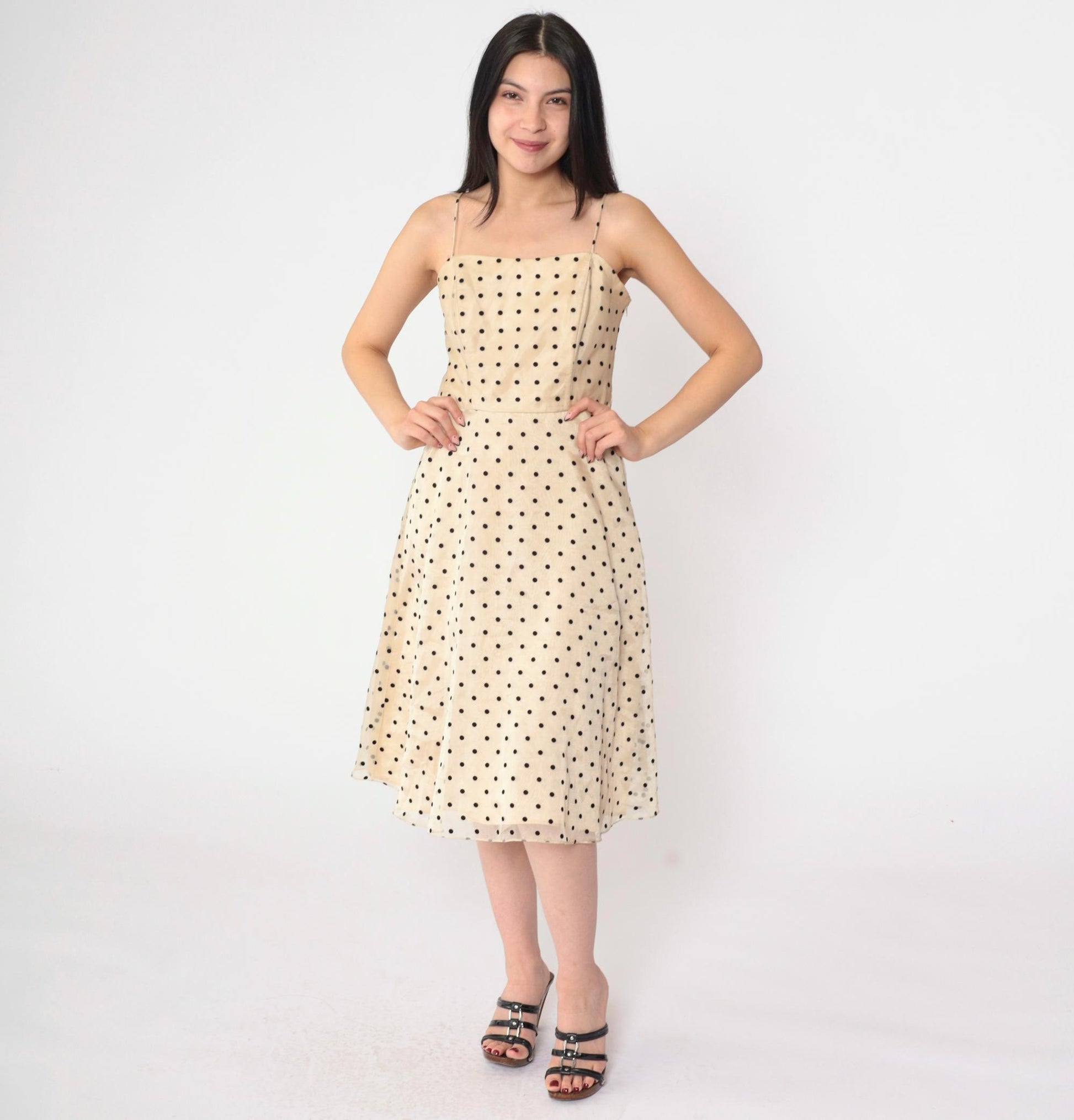 90s Betsy & Adam Beige Organza Midi Dress Black Polka Dot Spaghetti Strap Small 4