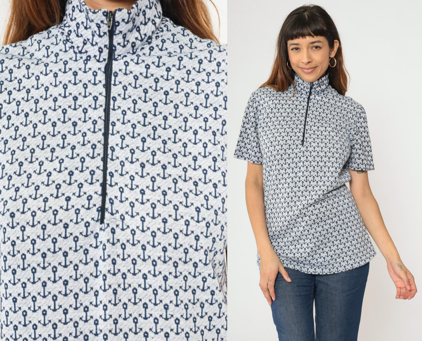 70s Nautical Anchor Print Quarter Zip Collared Top Blue Short Sleeve Medium Tall