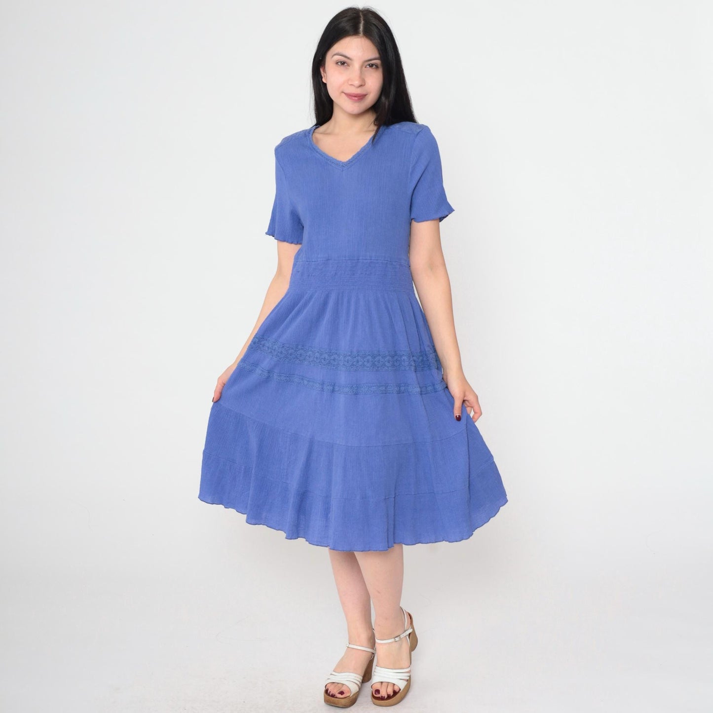 Y2K Blue Midi Dress Tiered Lace Trim V-Neck Short Sleeve Medium M