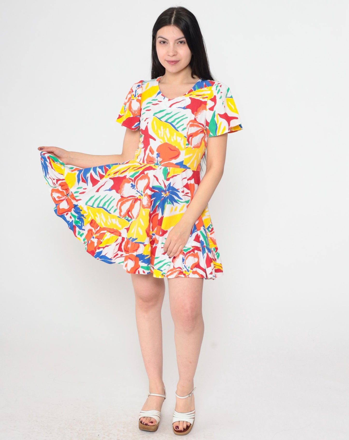 80s Floral Mini Dress Abstract Print Puff Sleeve Fit and Flare Small