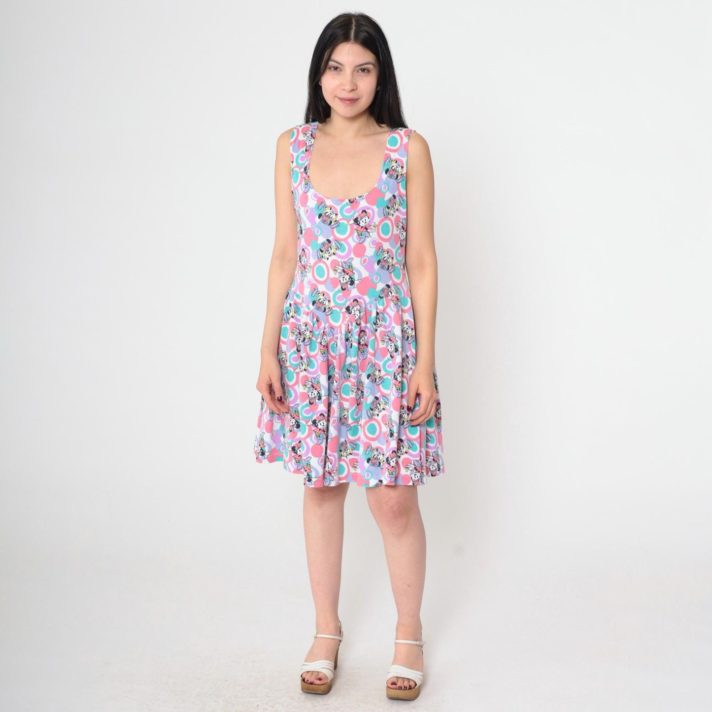 90s Disney Minnie Mouse Tank Dress Circle Print Pink Teal Lavender Small Medium