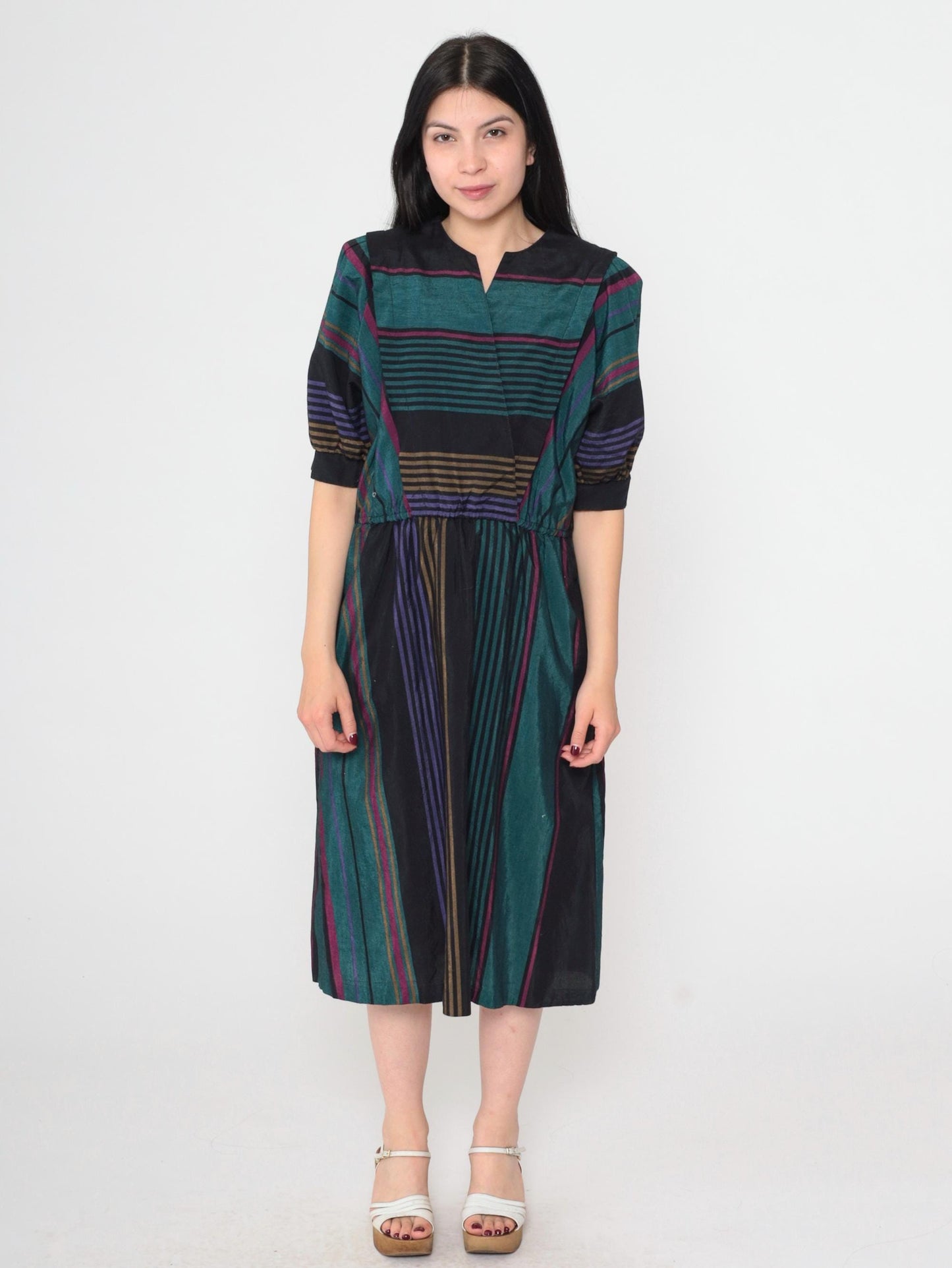 80s Multicolor Striped Midi Dress Puff Sleeve High Waist V-Neck Small S