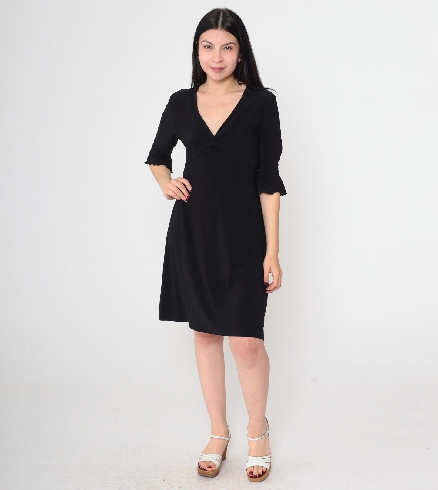 Y2K Black Mini Dress V-Neck Empire Waist Ruffle Sleeve Medium M