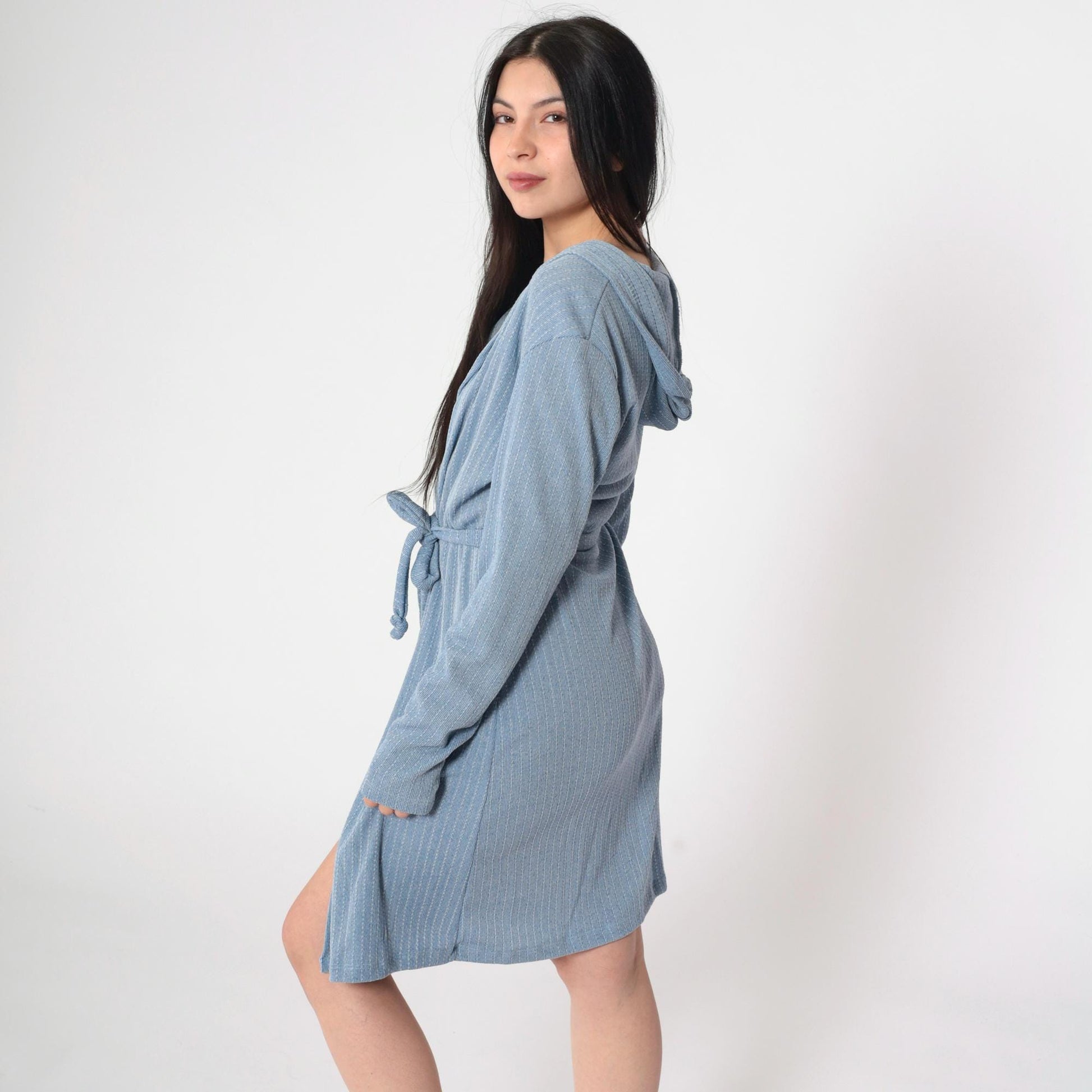 90s Blue Pinstriped Knit Hooded Jacket Tie Waist Open Front Knee Length Large