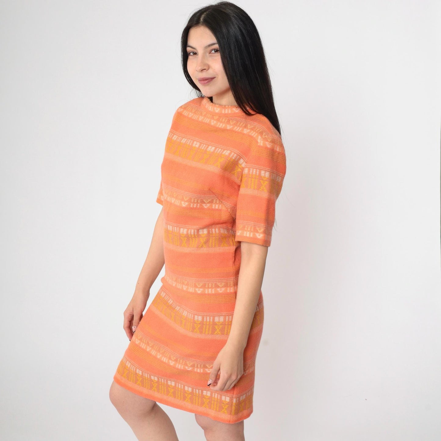 60s Mod Mini Dress Orange Geometric Woven Shift High Neck Short Sleeve Small