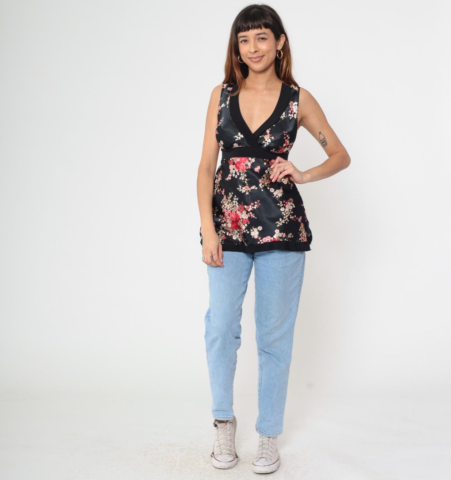 Y2K Black Satin Floral Tank Top Deep V Neck Empire Waist 00s Medium