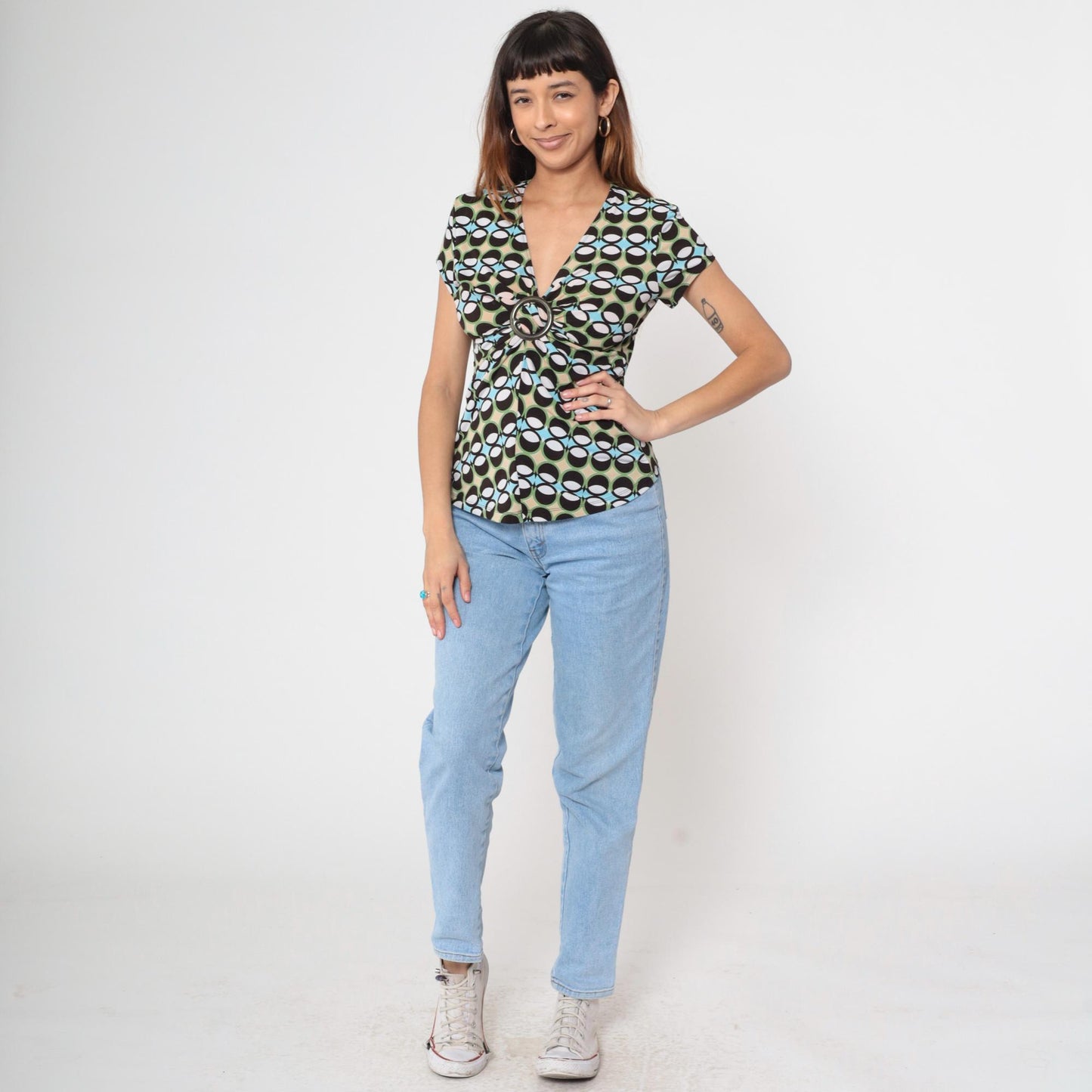 Y2K Geometric Print Top Green Black Blue O-Ring V-Neck Short Sleeve Small