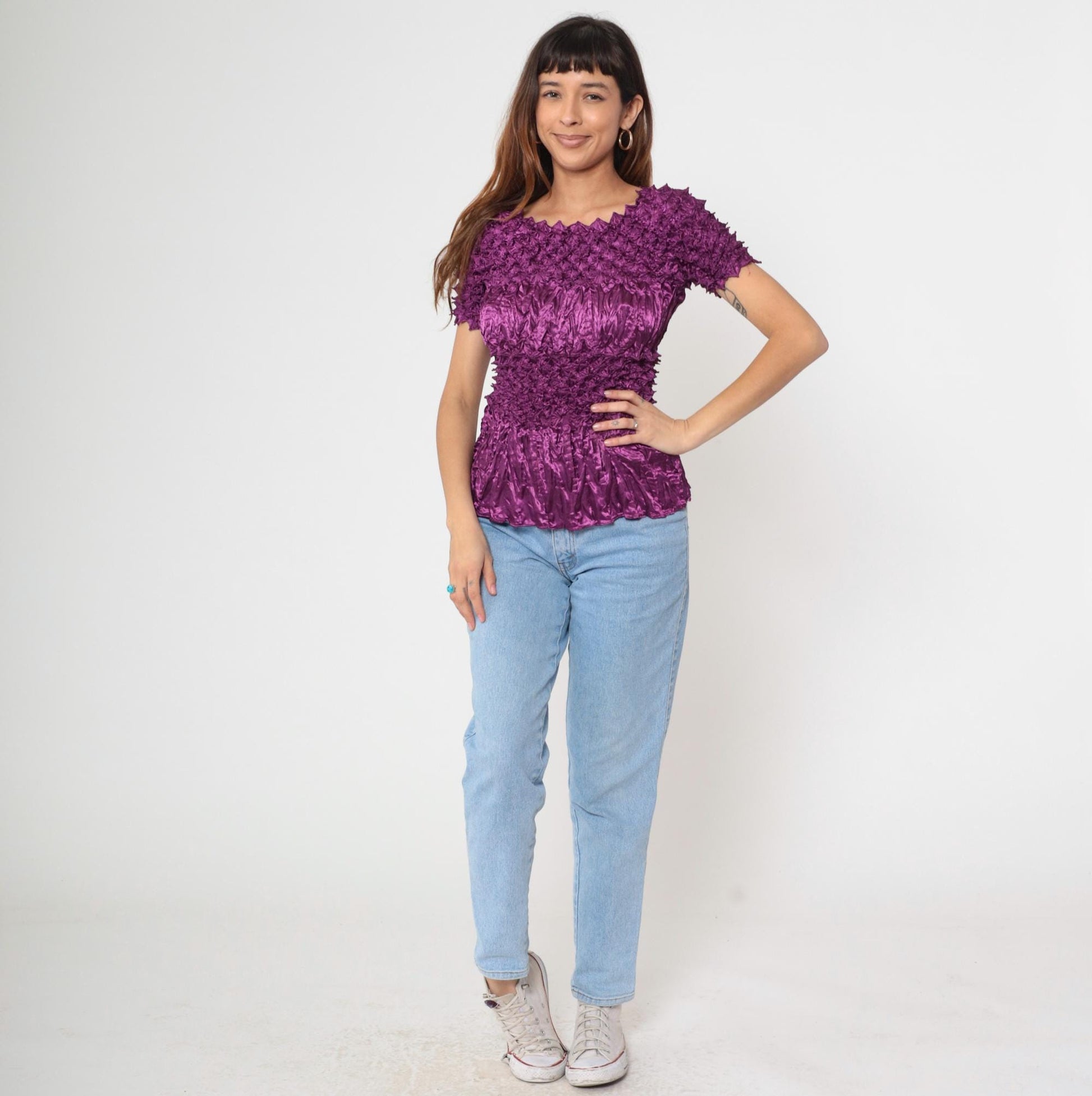 Y2K Purple Popcorn Textured Short Sleeve Top Small